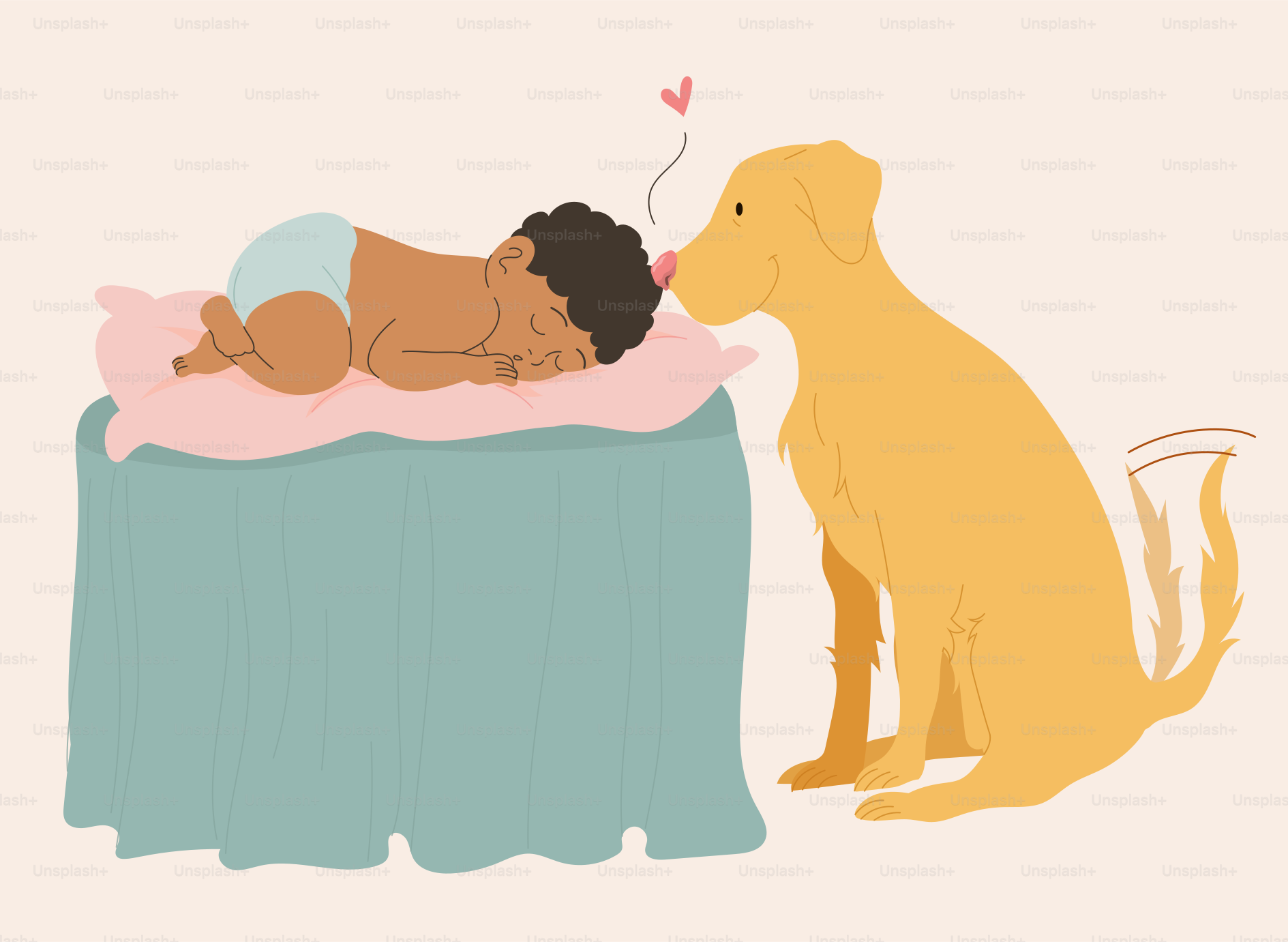 A dog gently sniffs a sleeping baby's nose.