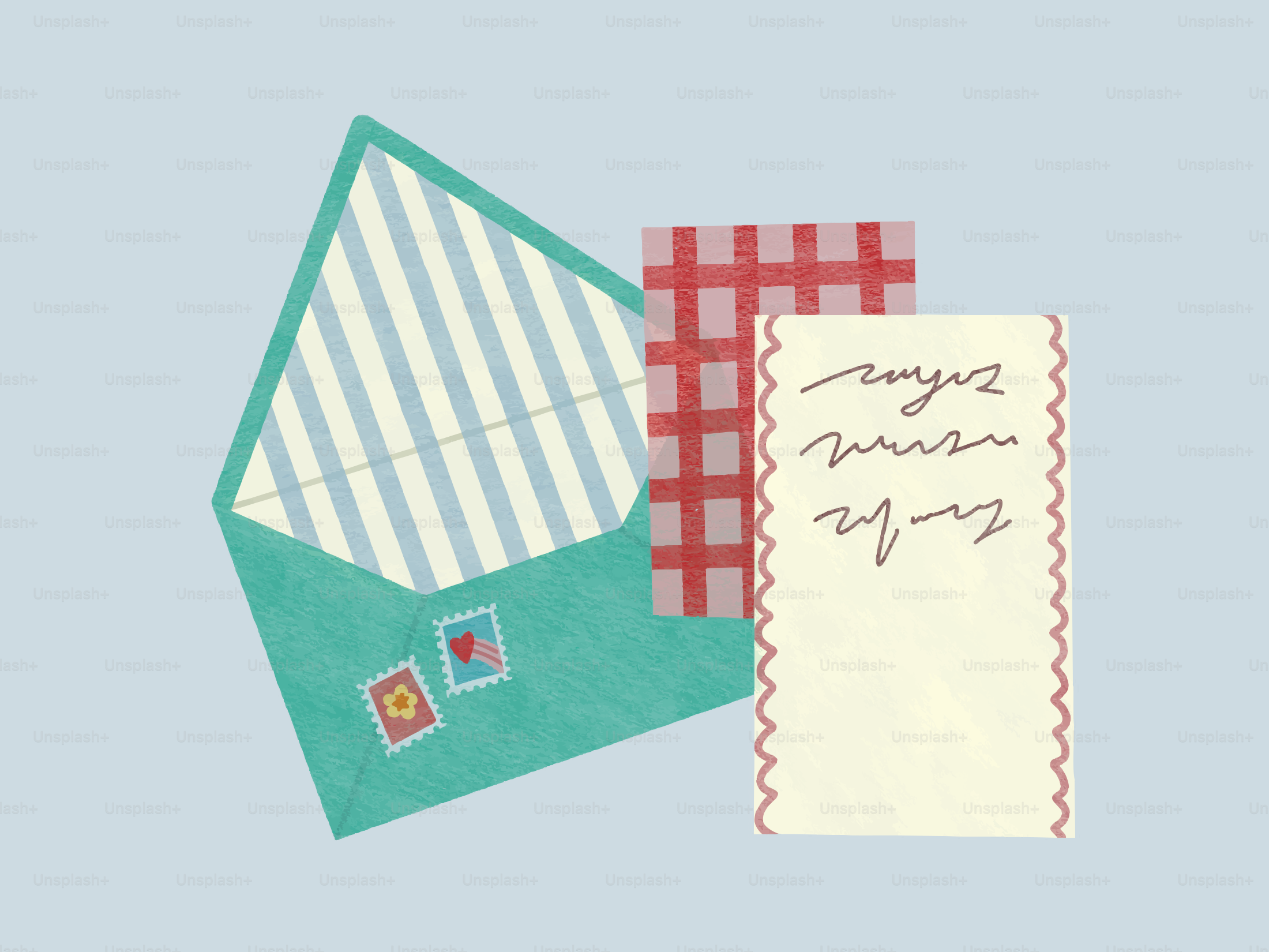 A teal envelope with stamps and stationery.