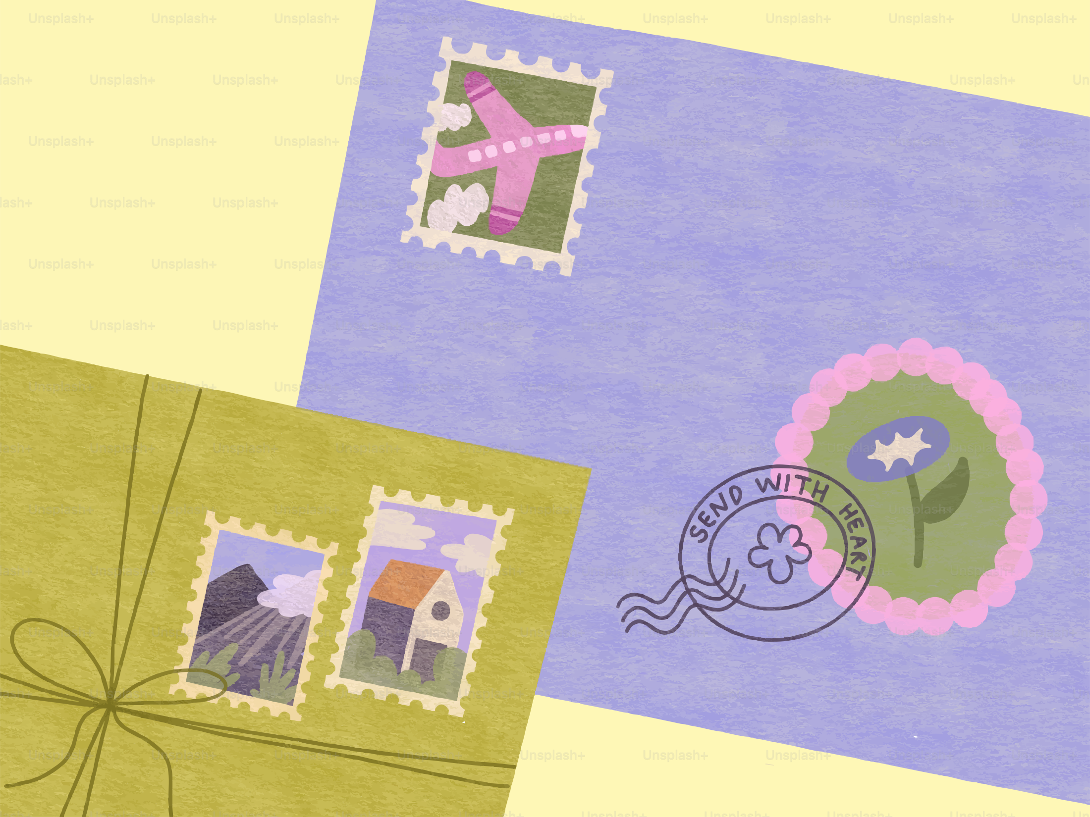 Two envelopes with postage stamps and floral decorations.