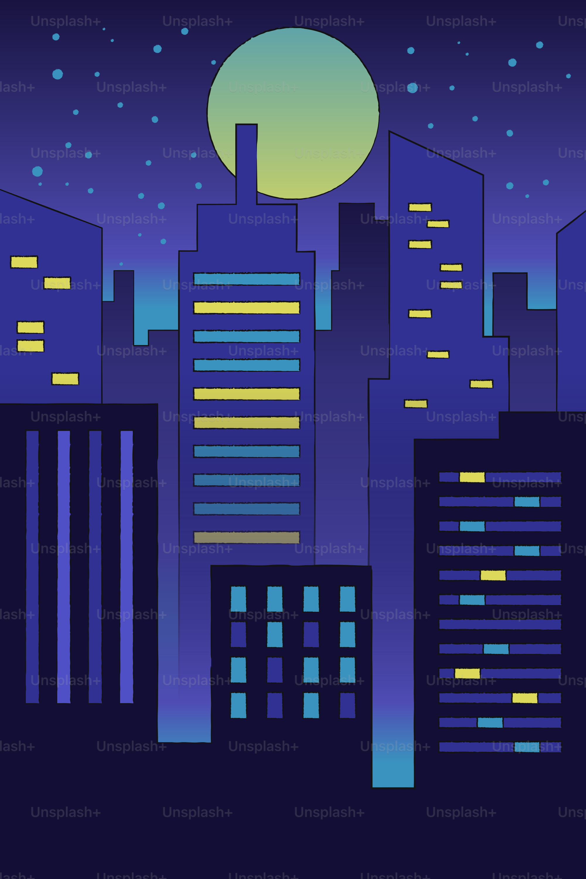Stylized cityscape at night with a large moon.