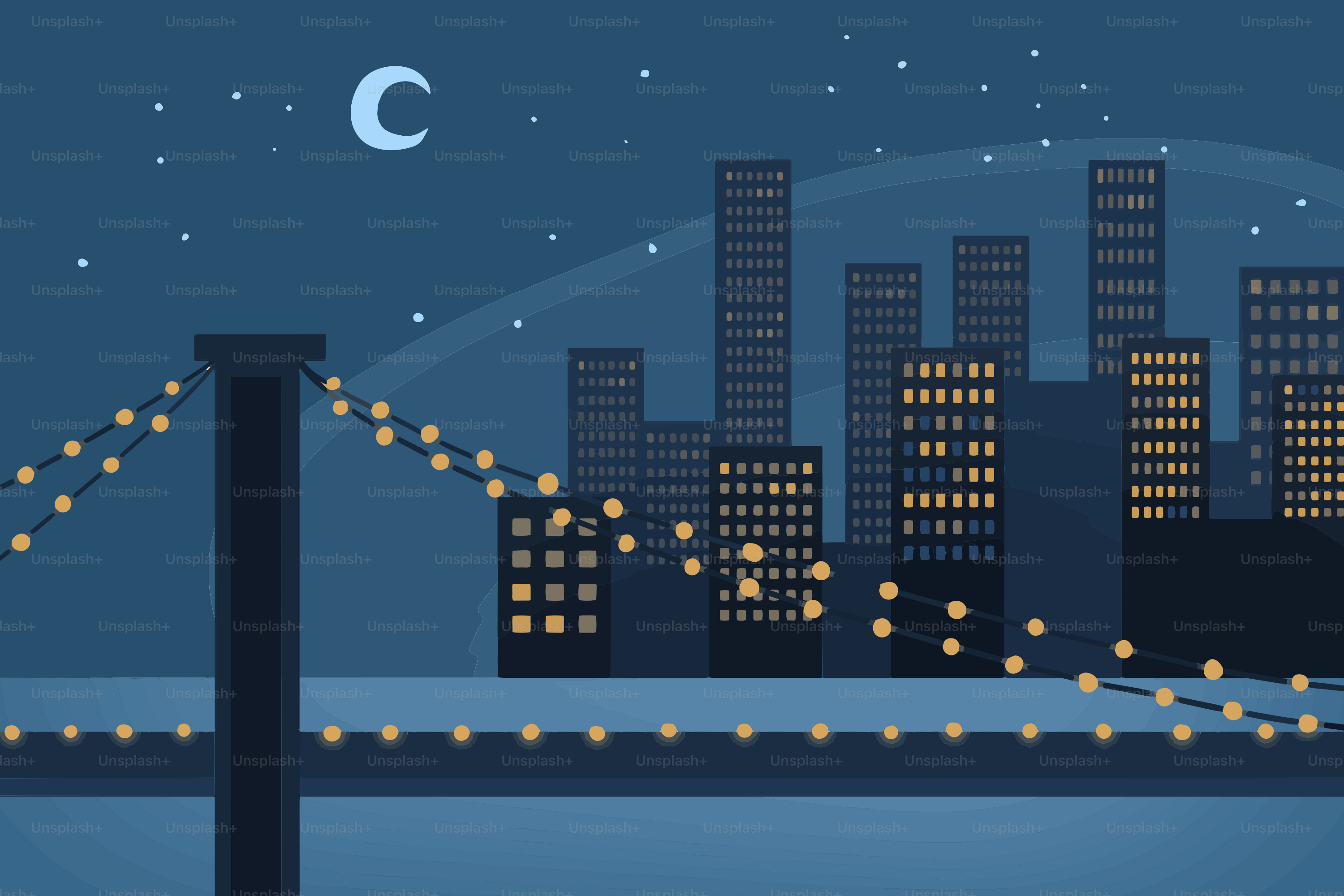 City skyline at night with crescent moon and lights