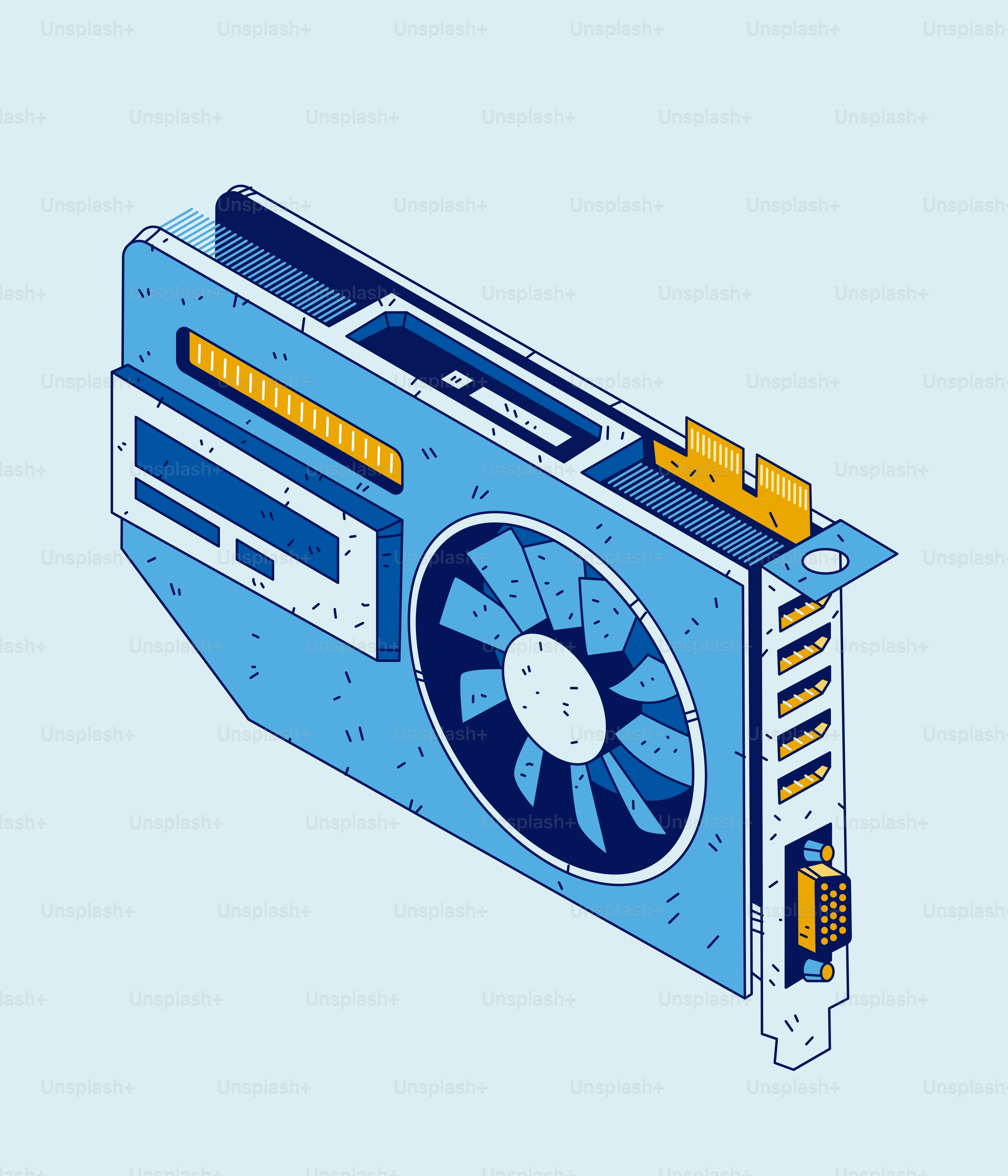 Cartão gráfico azul com ventilador sobre fundo azul claro
