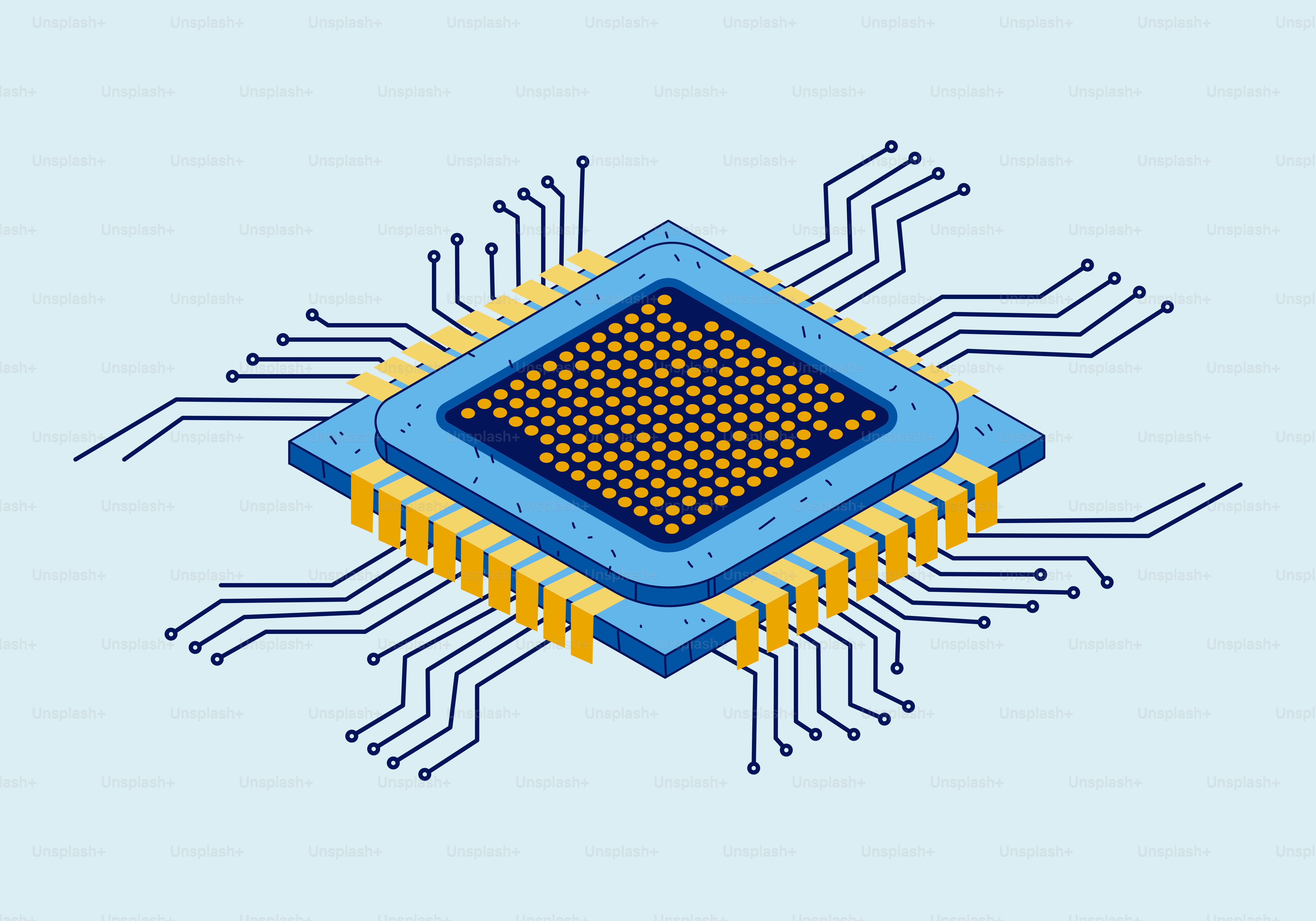Close-up of a blue and gold computer microchip