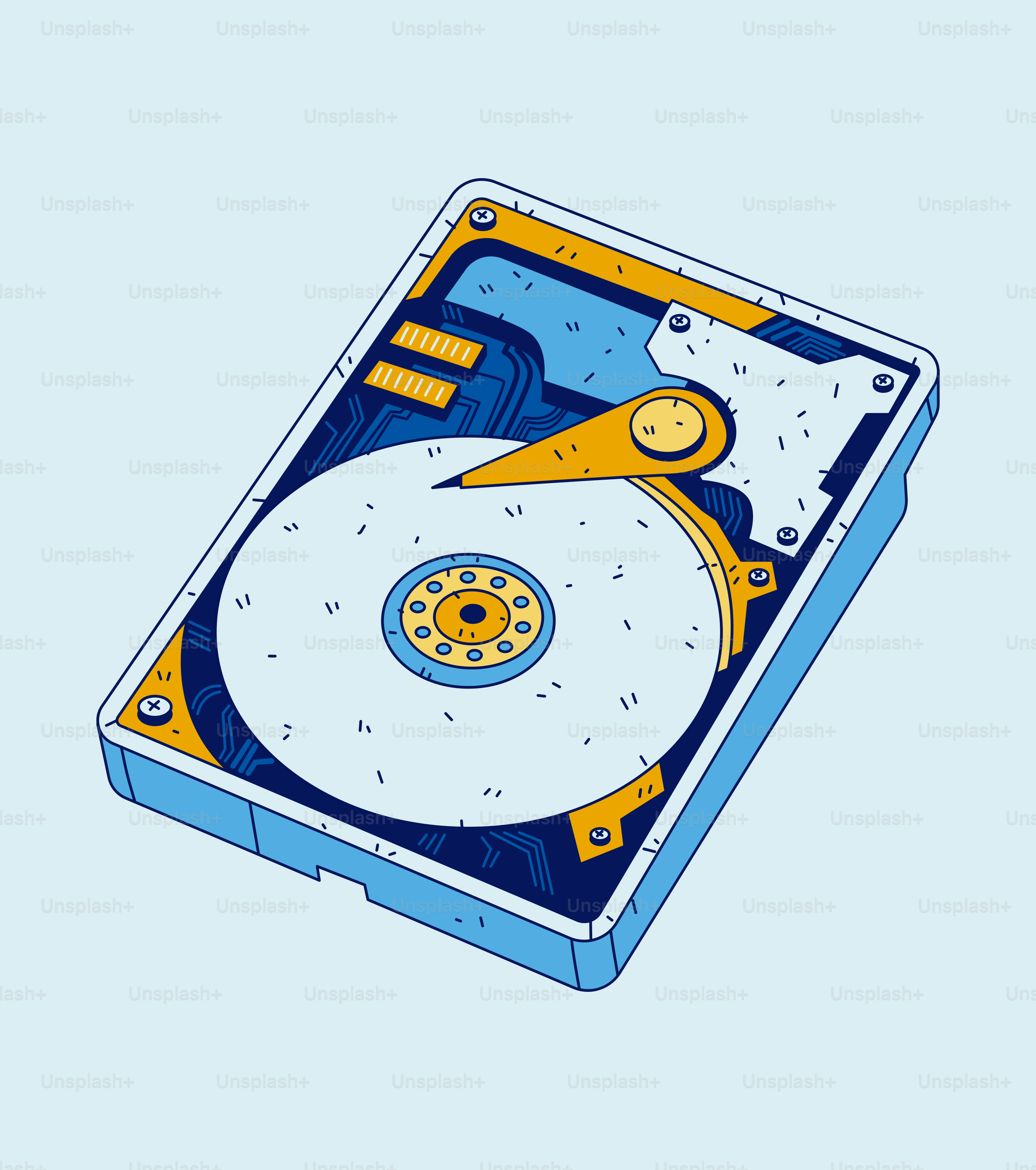 An illustrated hard drive on a blue background