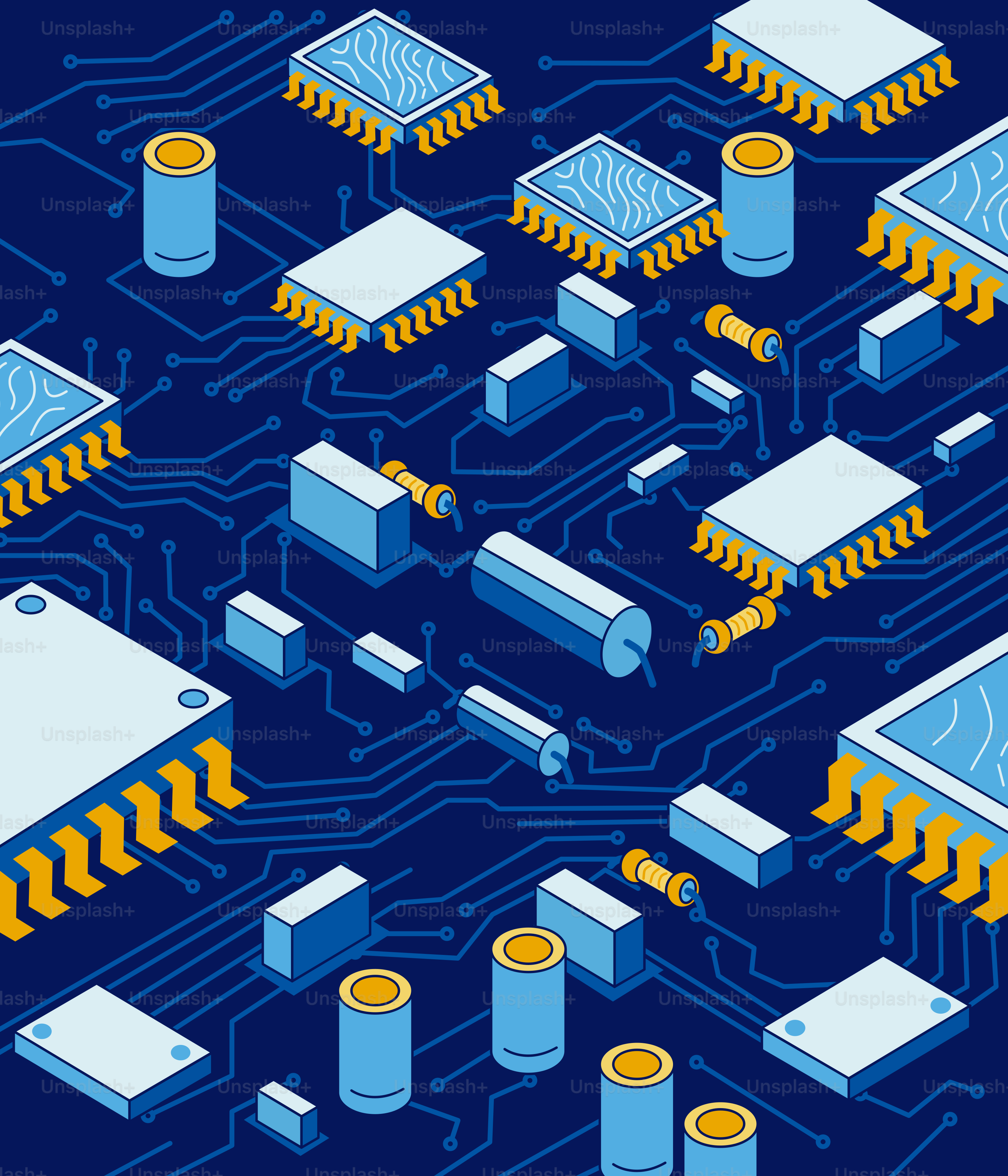 Electronic components on a blue circuit board
