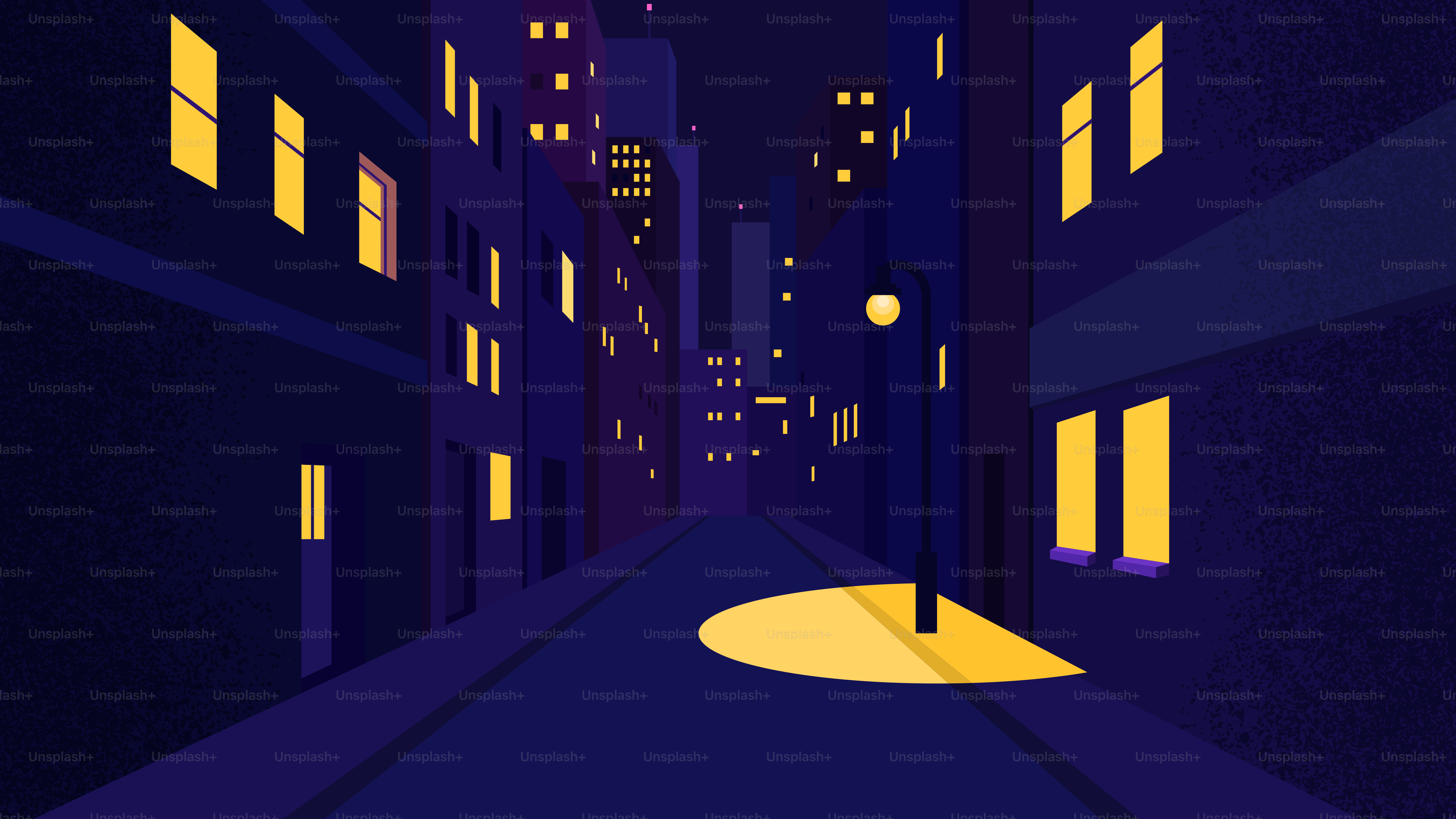 A dark city street at night with lit windows.