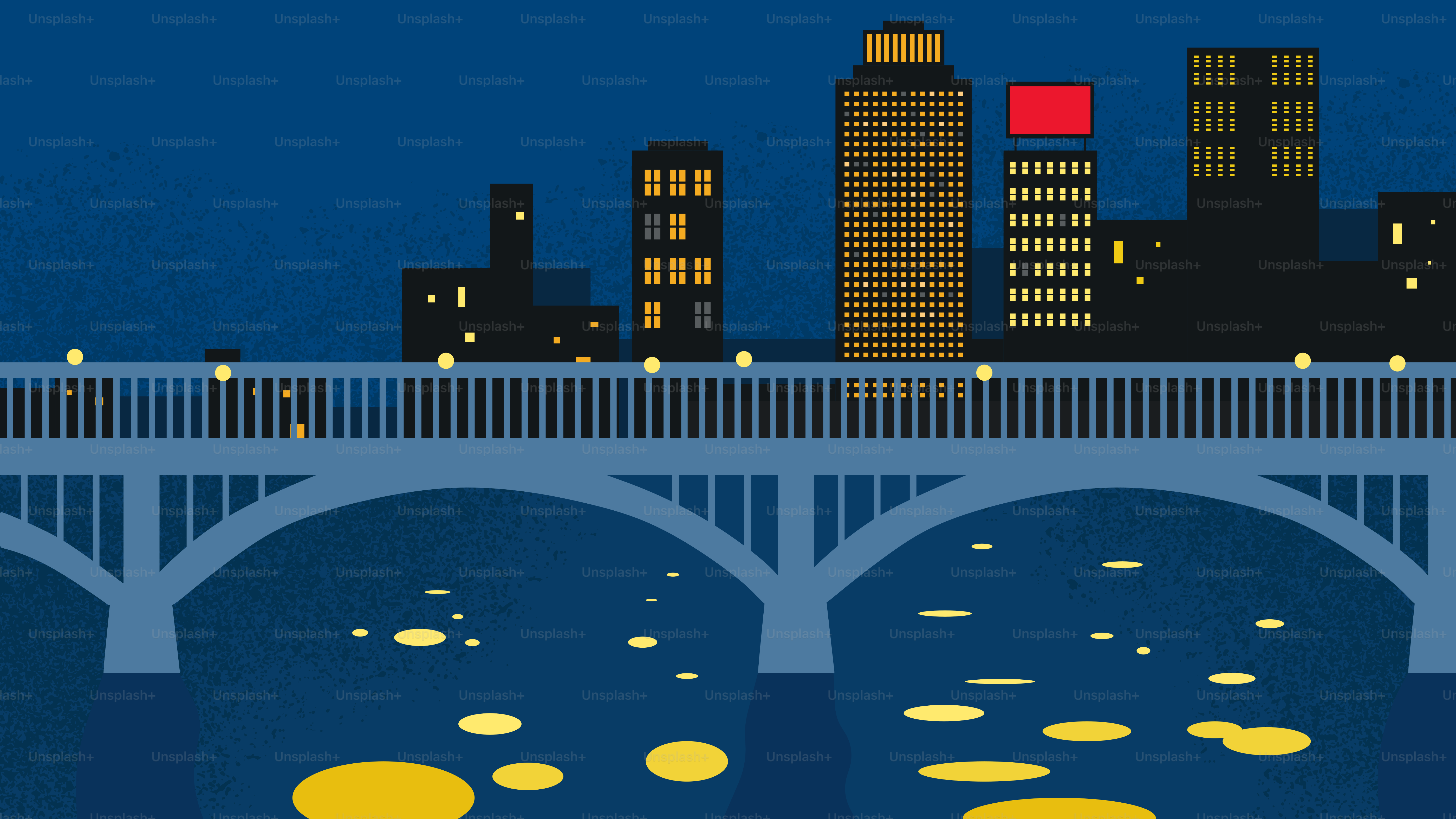 Pemandangan kota dengan jembatan di atas air di malam hari
