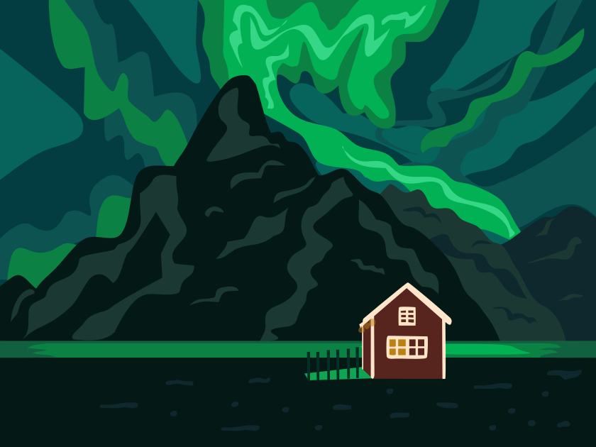 Aurore boréale verte au-dessus de montagnes sombres et de maisons