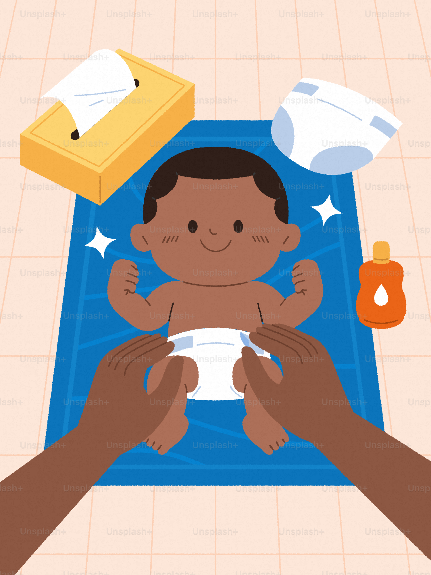 A baby being changed by parents's parents