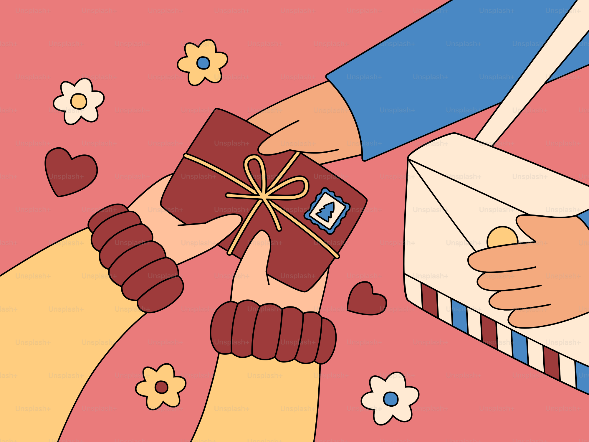 Hands exchanging a gift-wrapped letter with a mailbag.