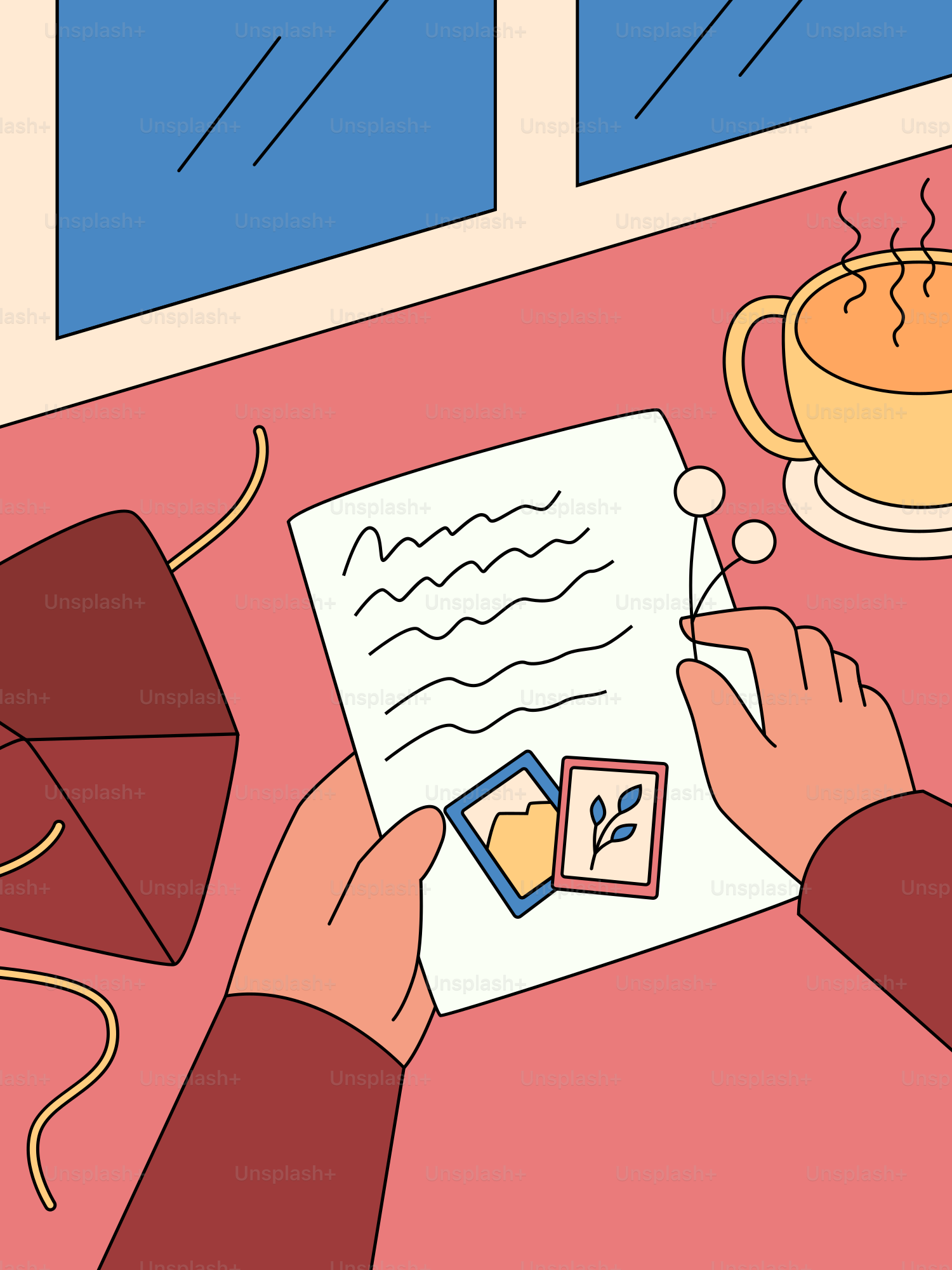 Hands holding a letter with small framed pictures.