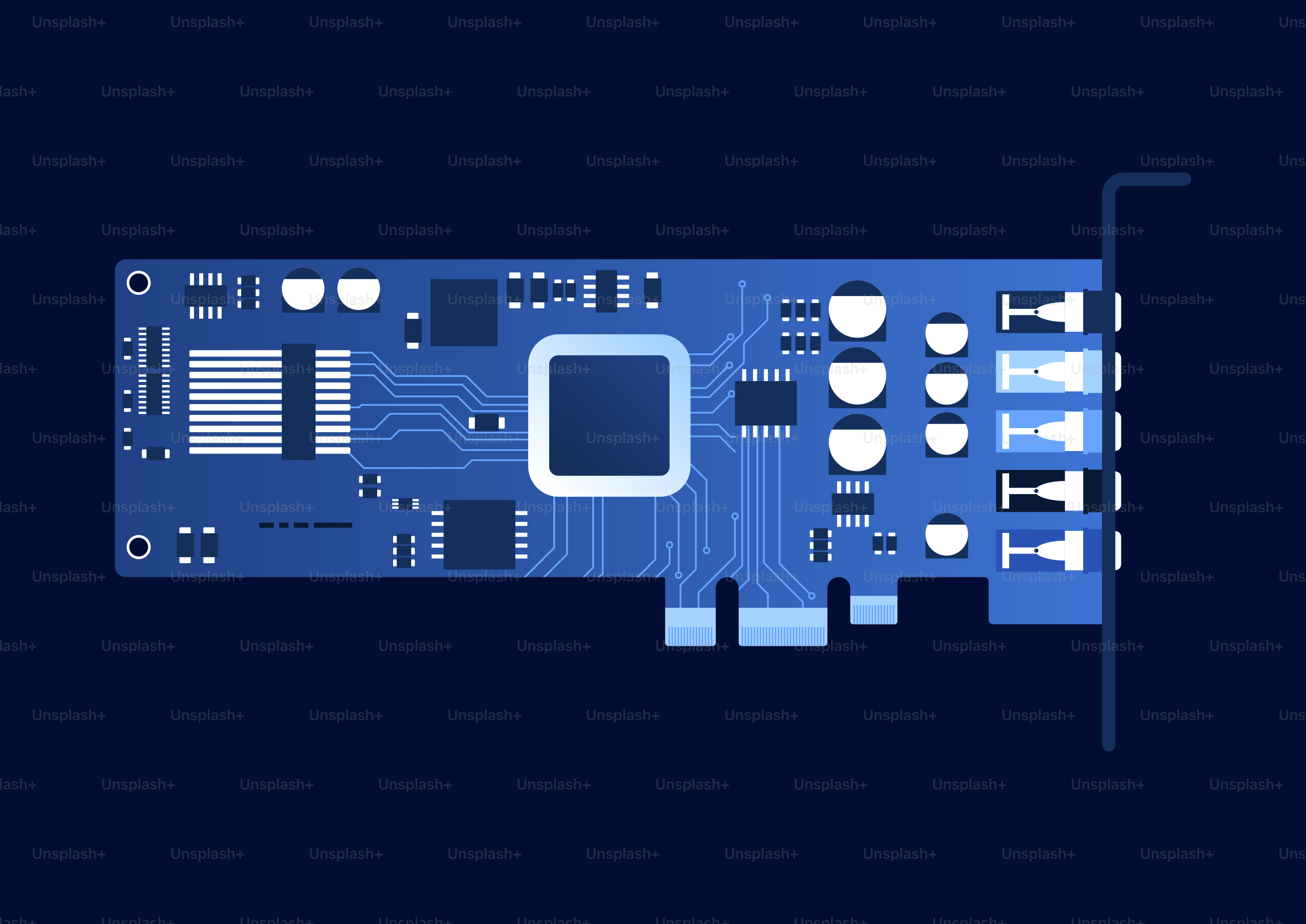 A blue circuit board with a central processor