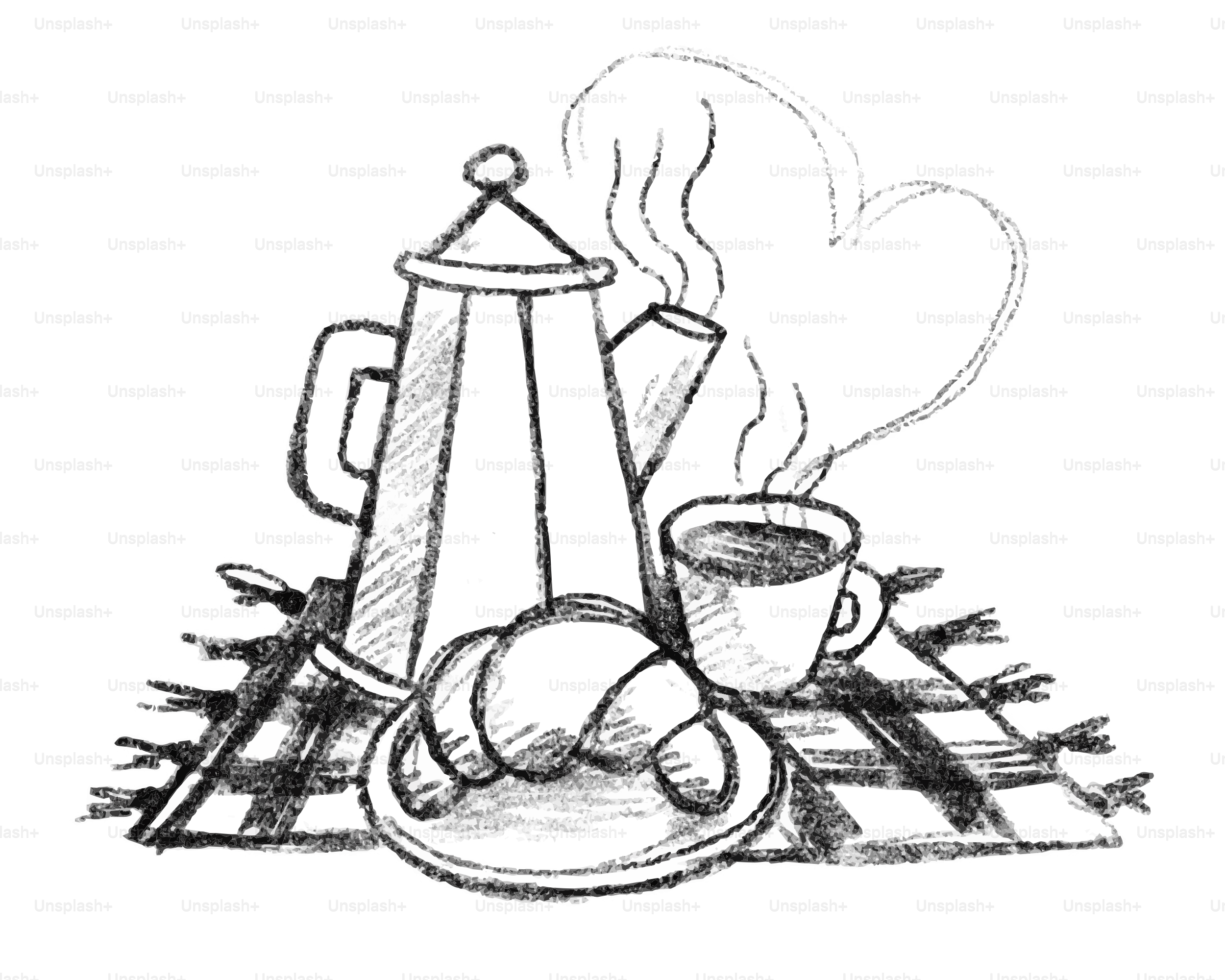 Coffee pot, croissant, and cup on checkered cloth