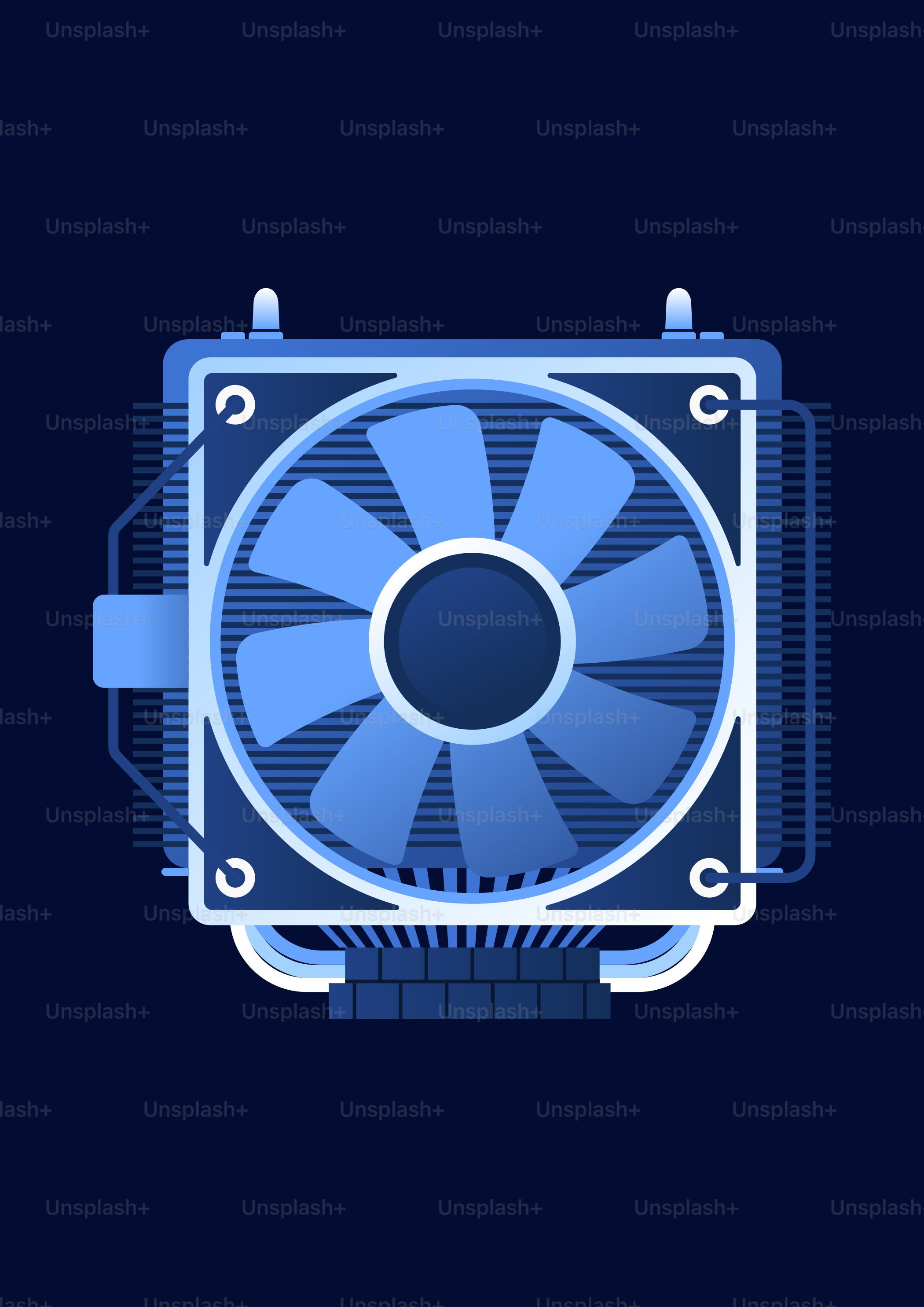 A blue computer cpu cooler with a fan