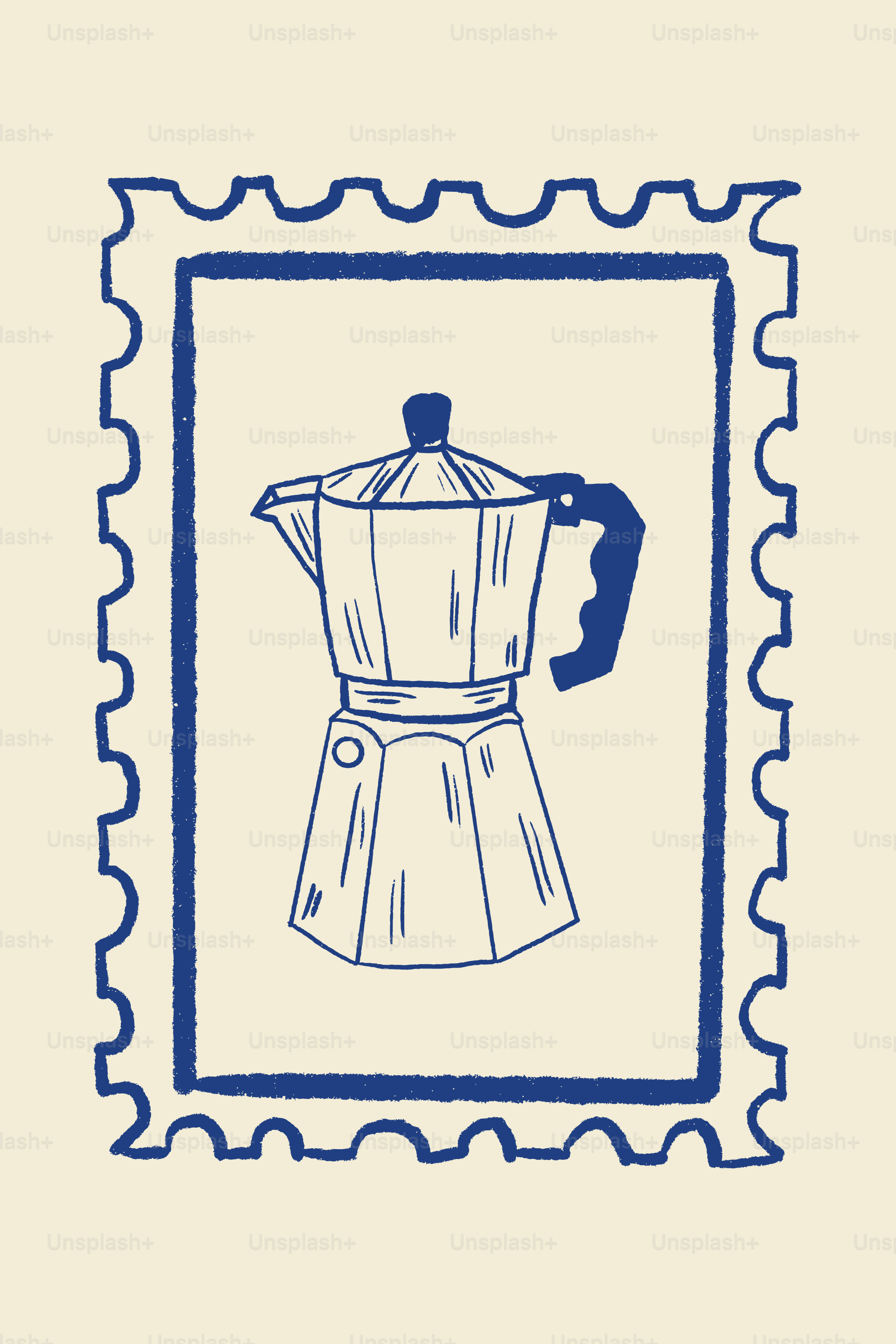 Blue outline of a moka pot inside a stamp