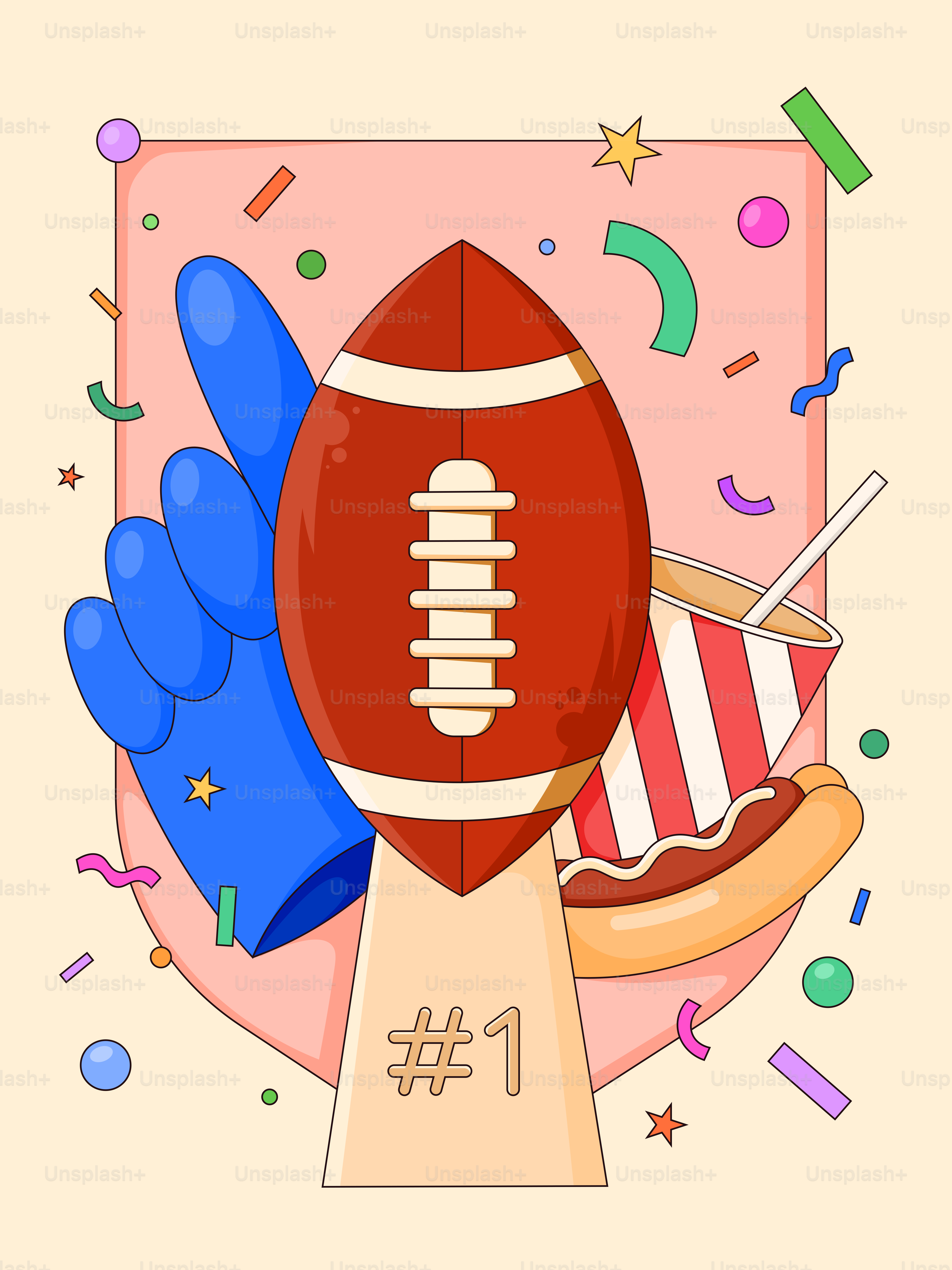 Fußballpokal mit Hotdog und Schaumstofffinger.