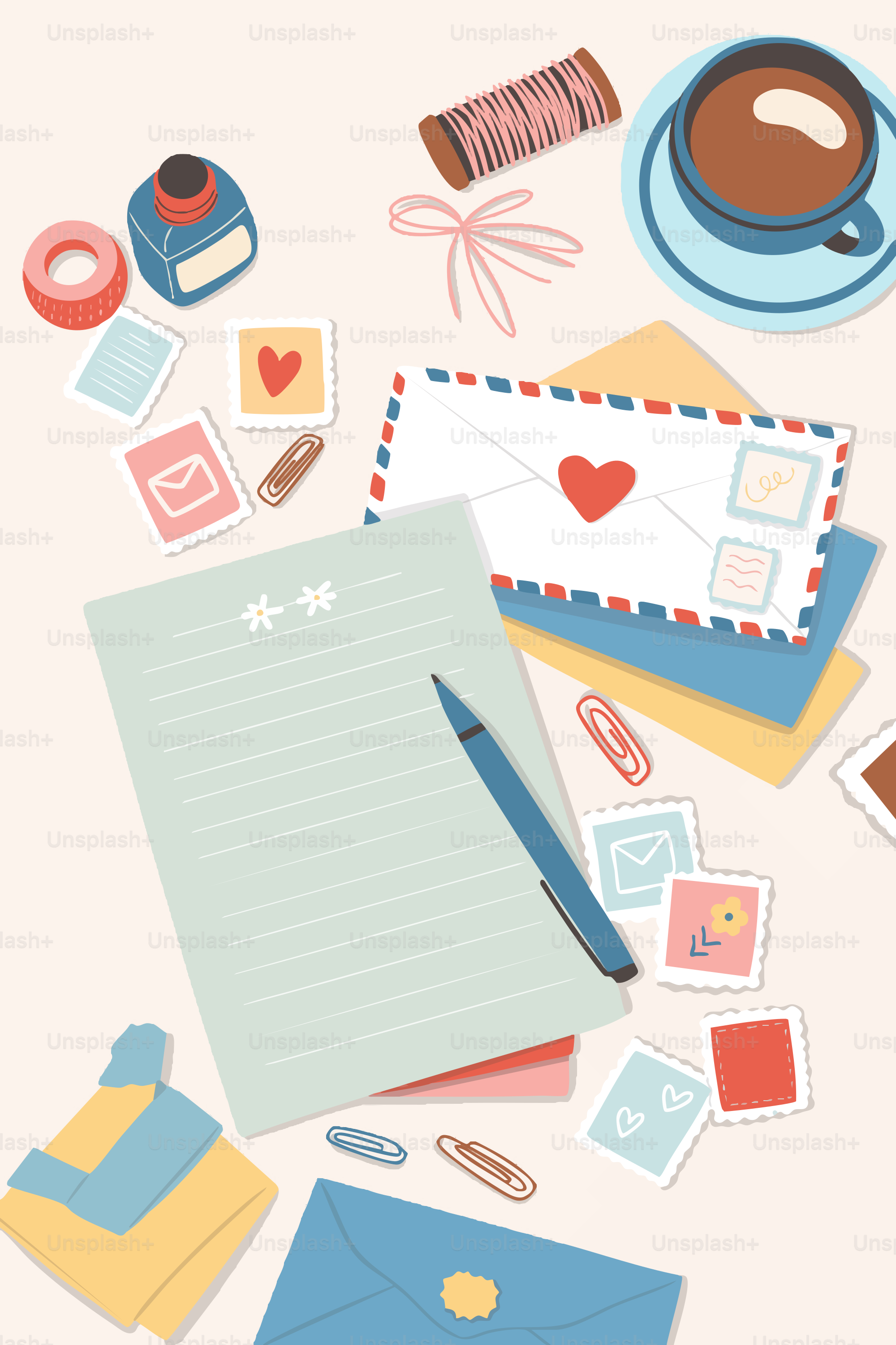 Stationery, envelopes, stamps, and coffee cup on a desk