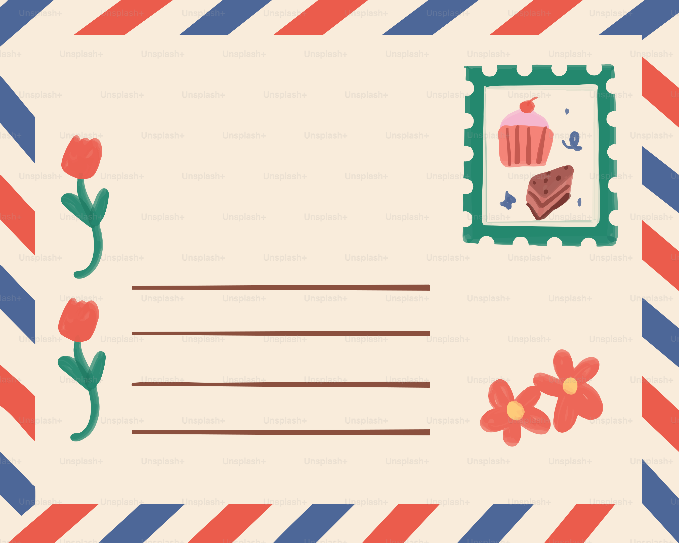 Envelope com tulipas, carimbo de bolo e flores