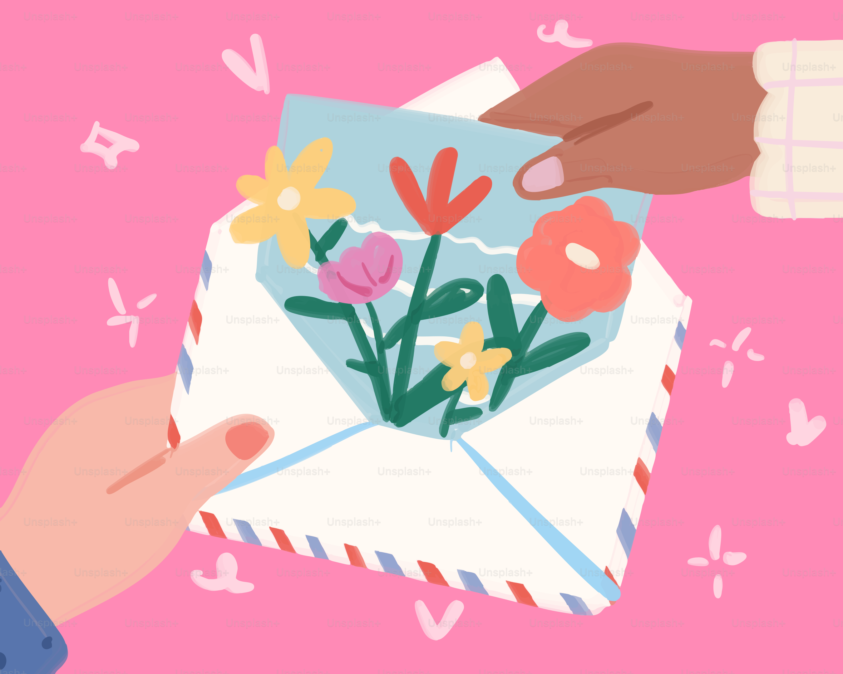 Hands exchanging a letter with flowers