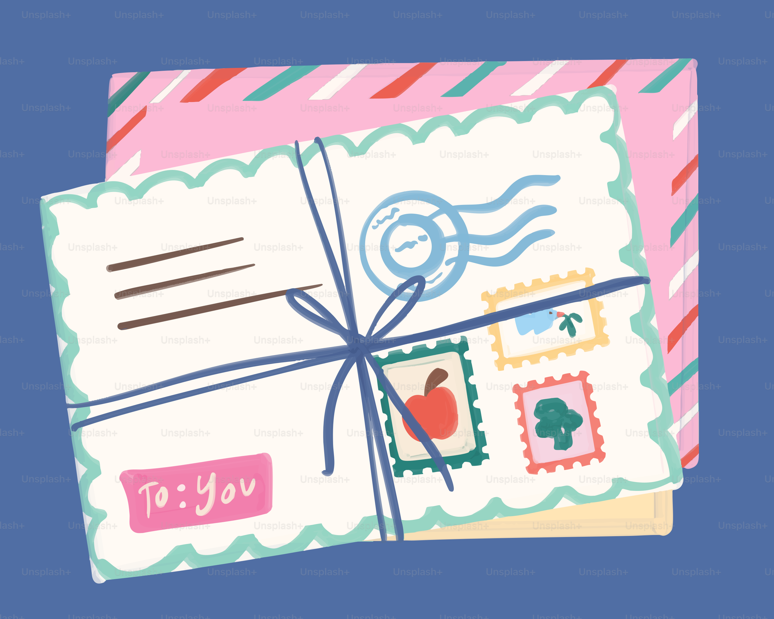 Two envelopes with stamps and ribbon tied.