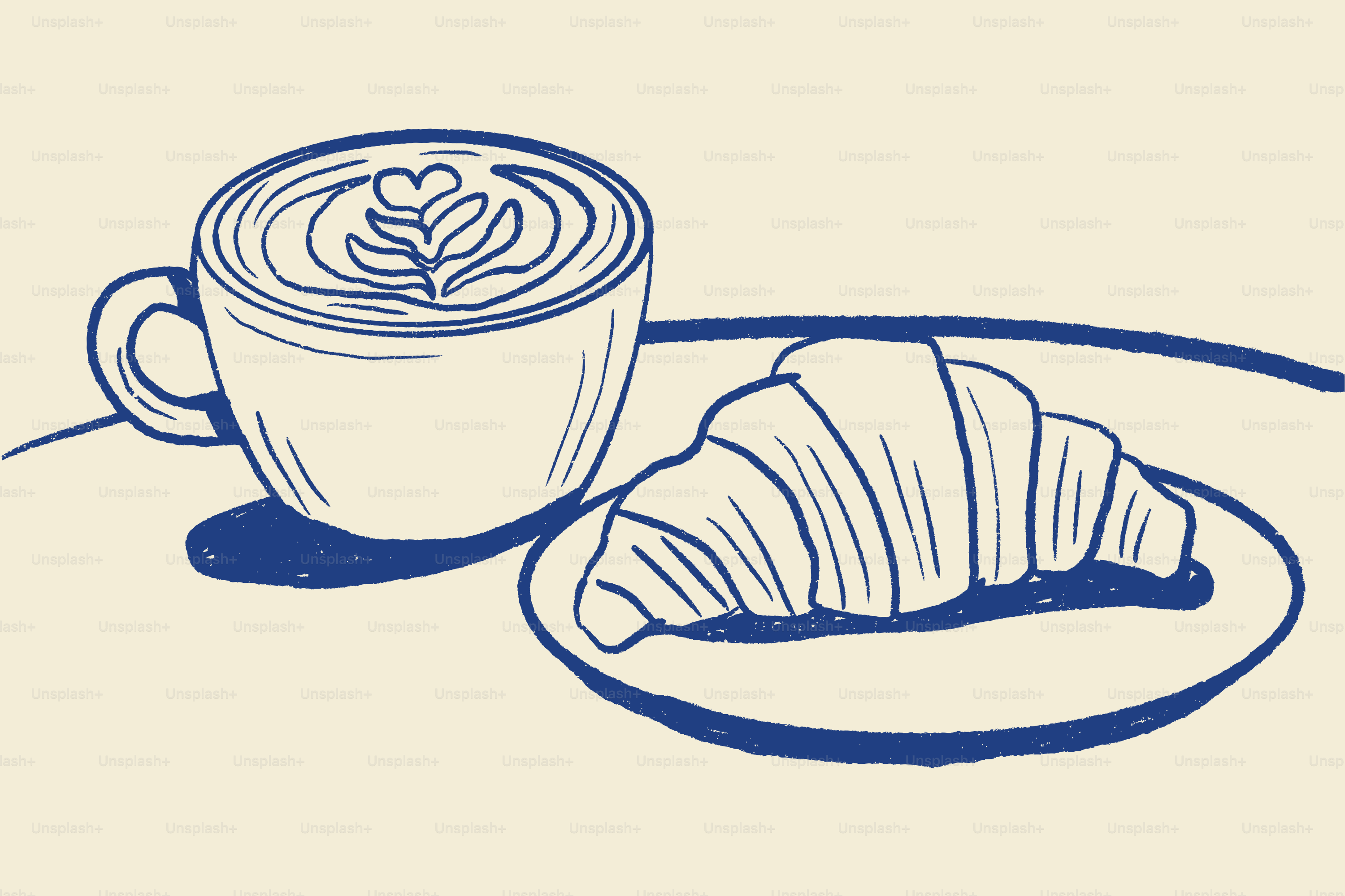 A cup of coffee with latte art and a croissant.