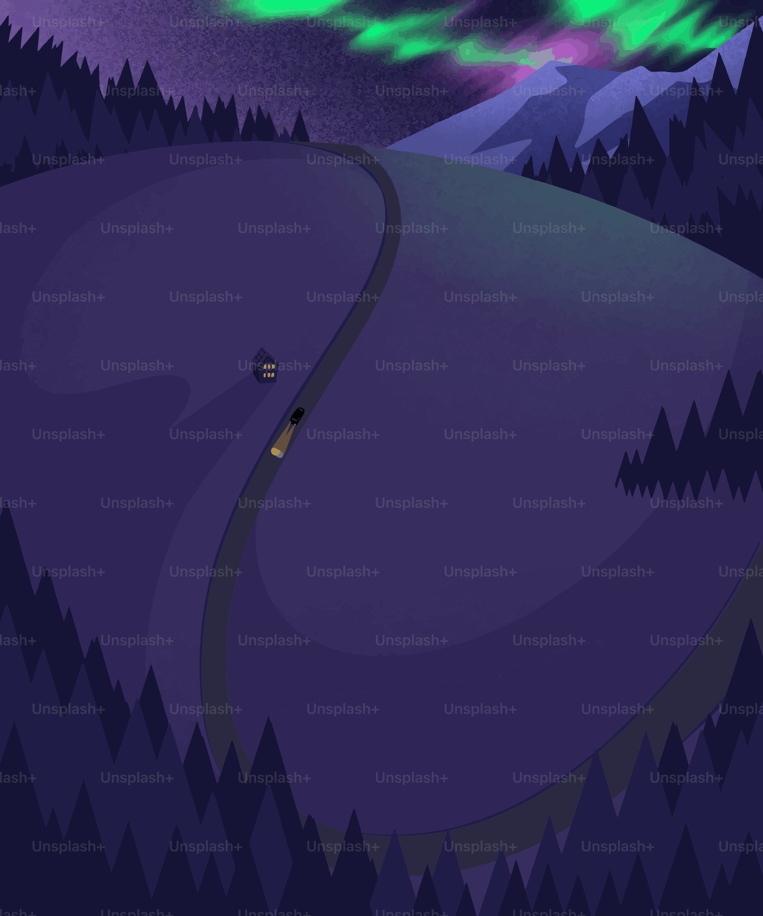 Aurora borealis over a snowy mountain landscape