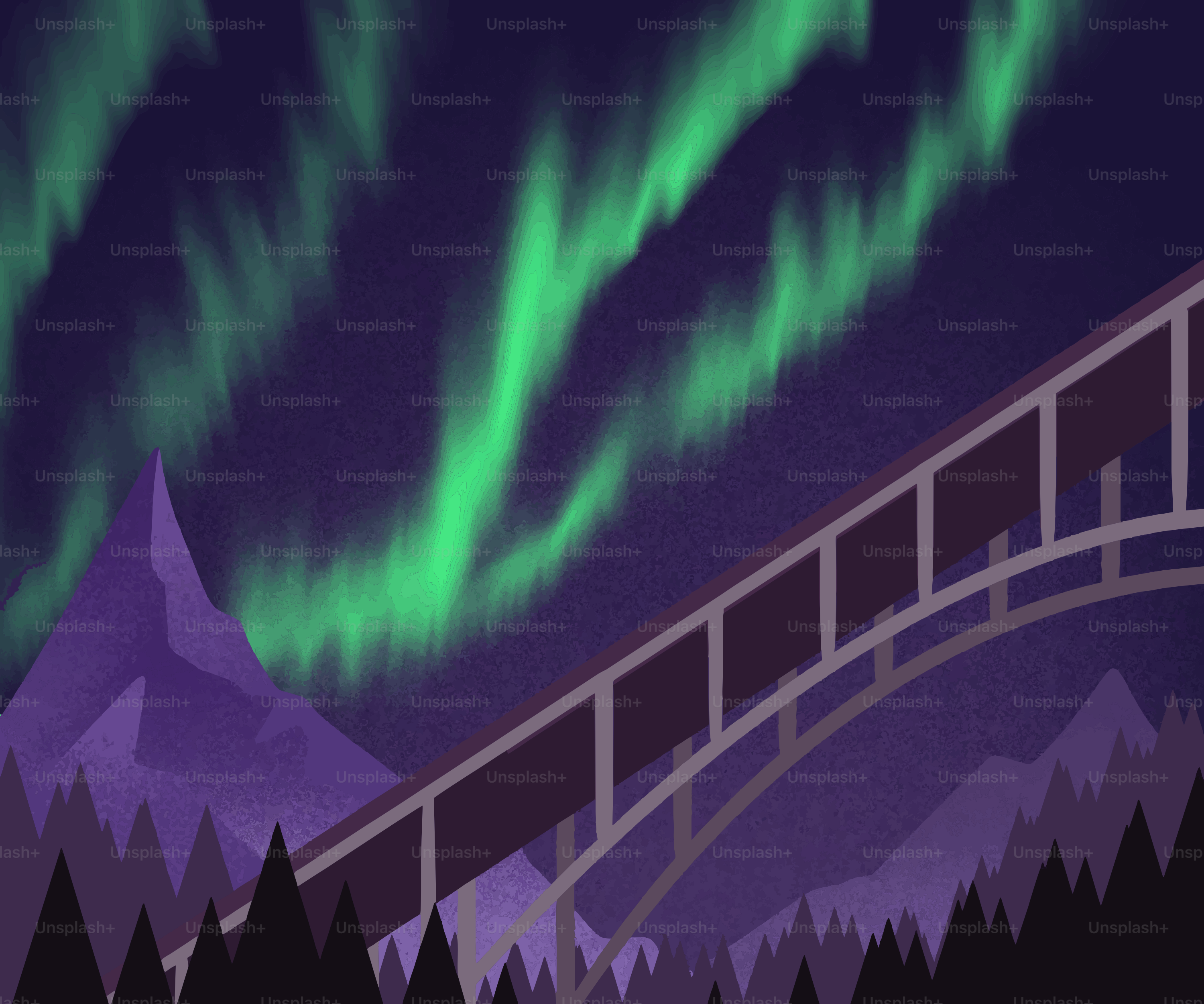 Green aurora borealis over a bridge and mountains.
