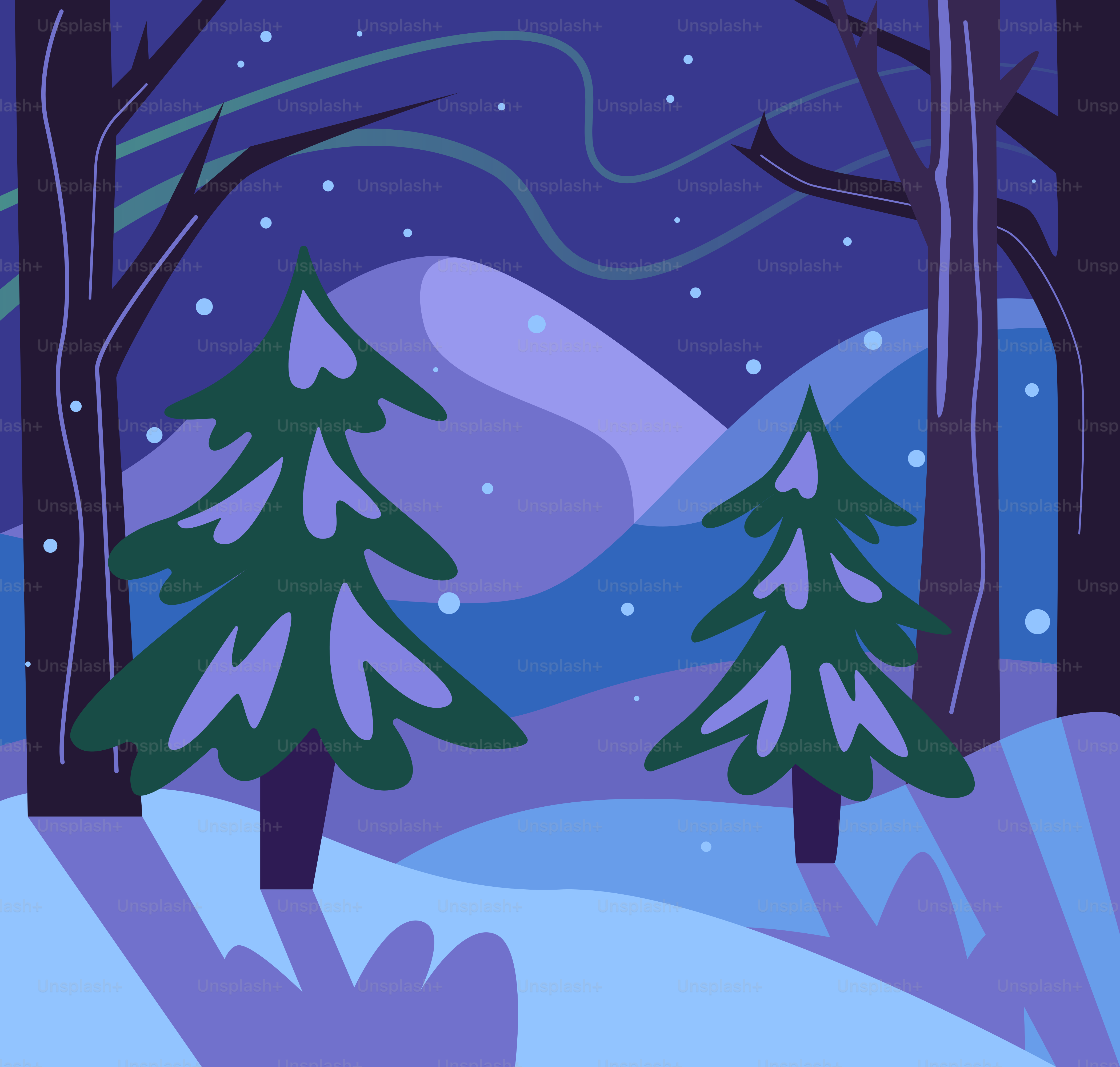 Winter forest scene with snow falling at night vector – Forest Image on ...