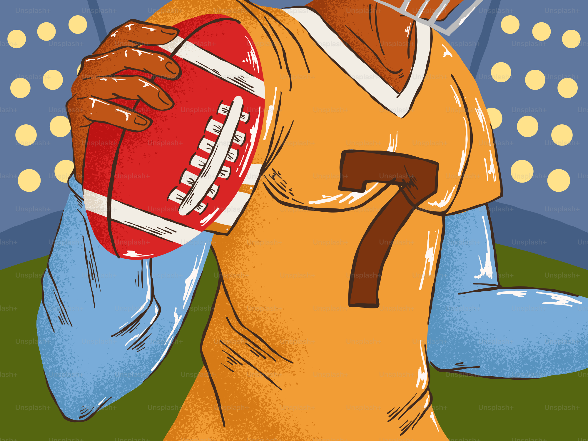 Jugador de fútbol americano con uniforme sosteniendo un balón