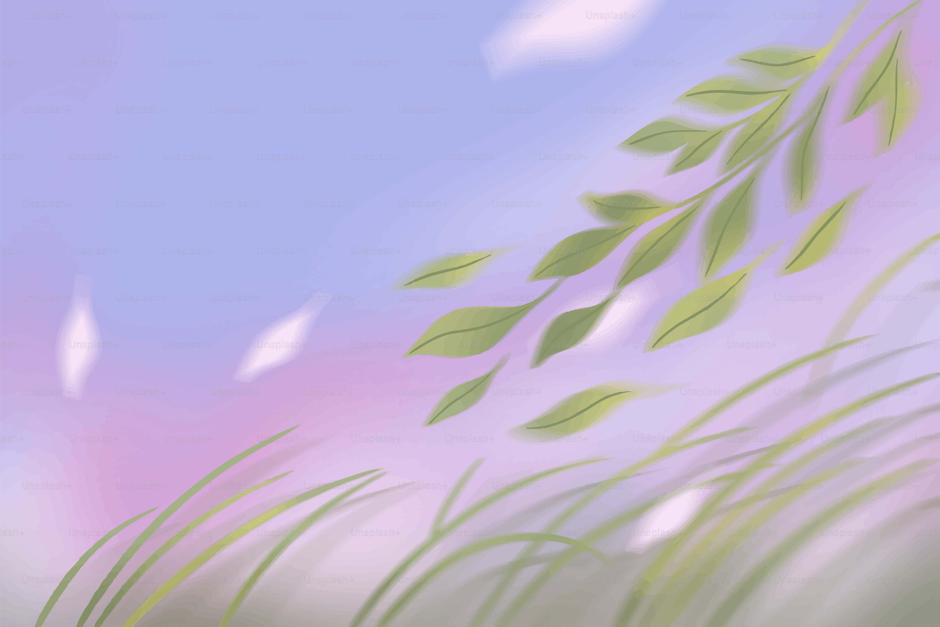 Green leaves on a branch with a soft sky