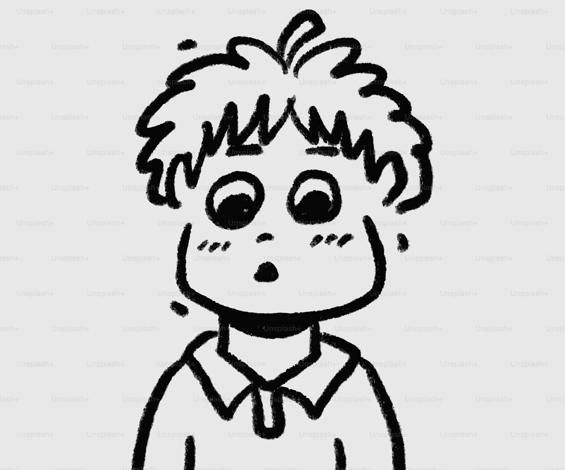 Um garoto de desenho animado surpreso com olhos arregalados e bochechas rosadas.