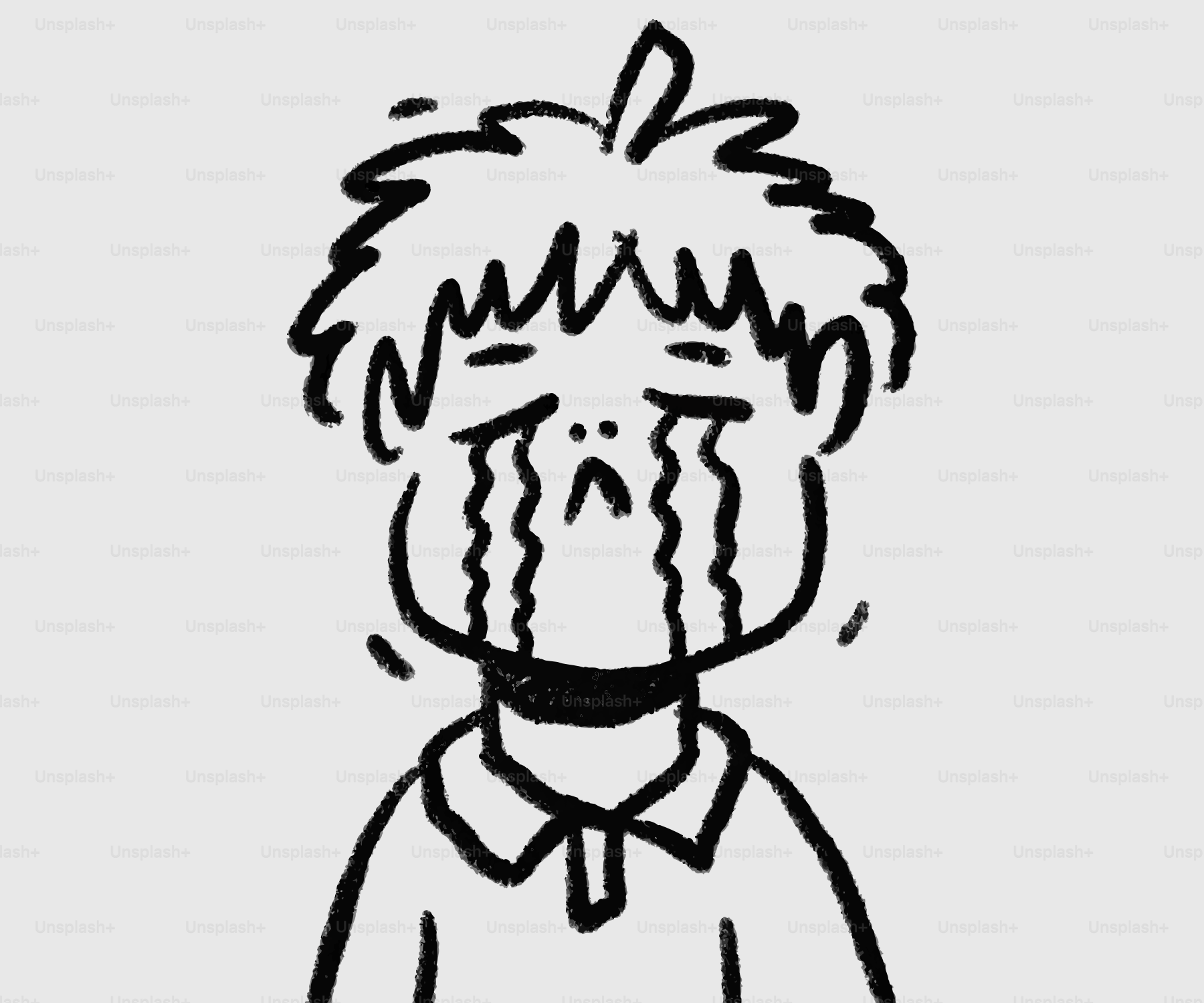 Um garoto de desenho animado chorando com lágrimas escorrendo.