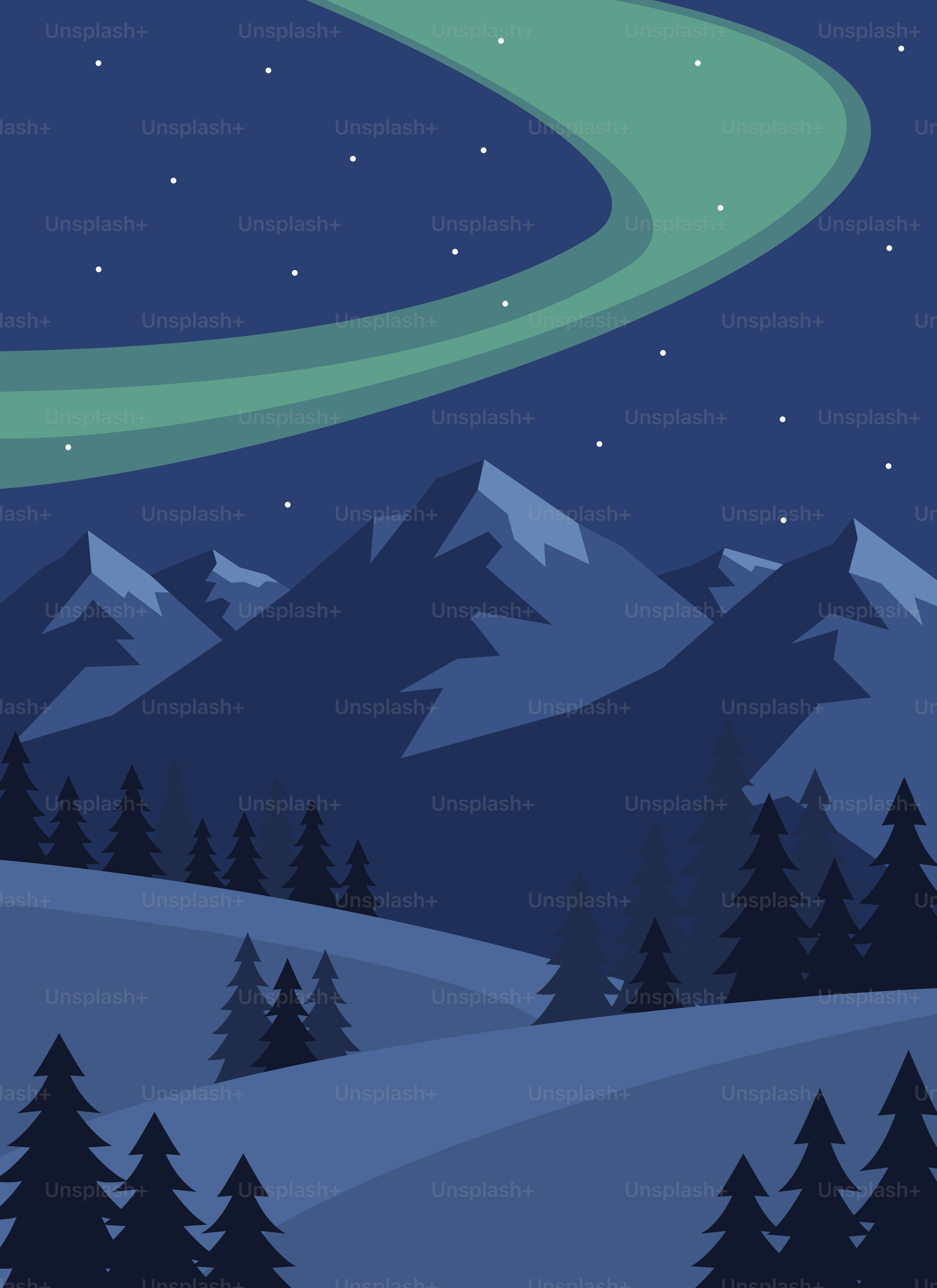 Aurora borealis over snow-capped mountains and pine trees.