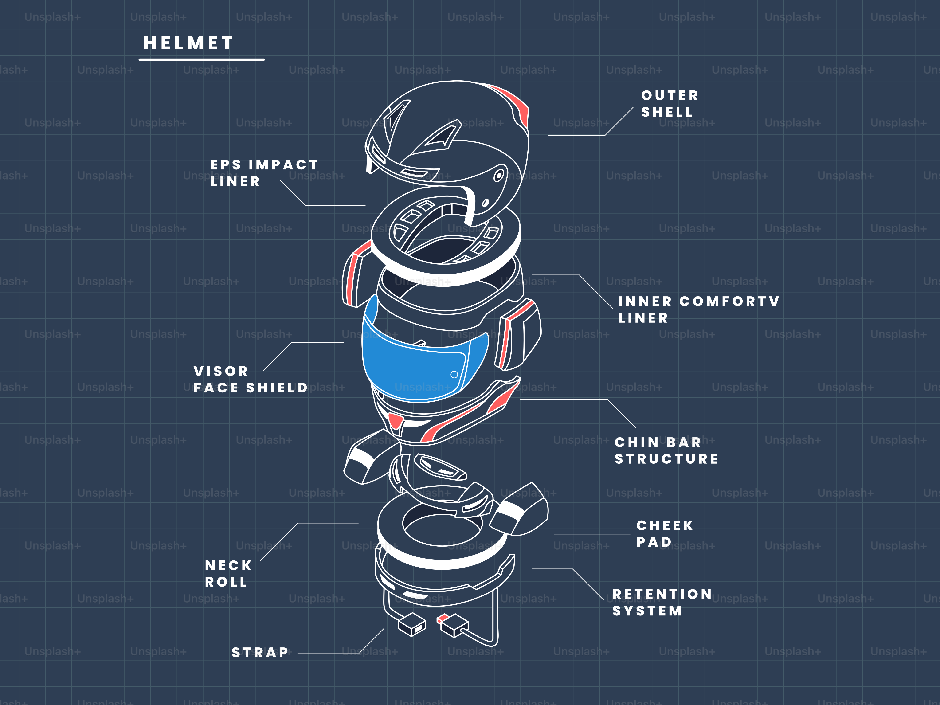 Exploded diagram of a helmet with labeled parts