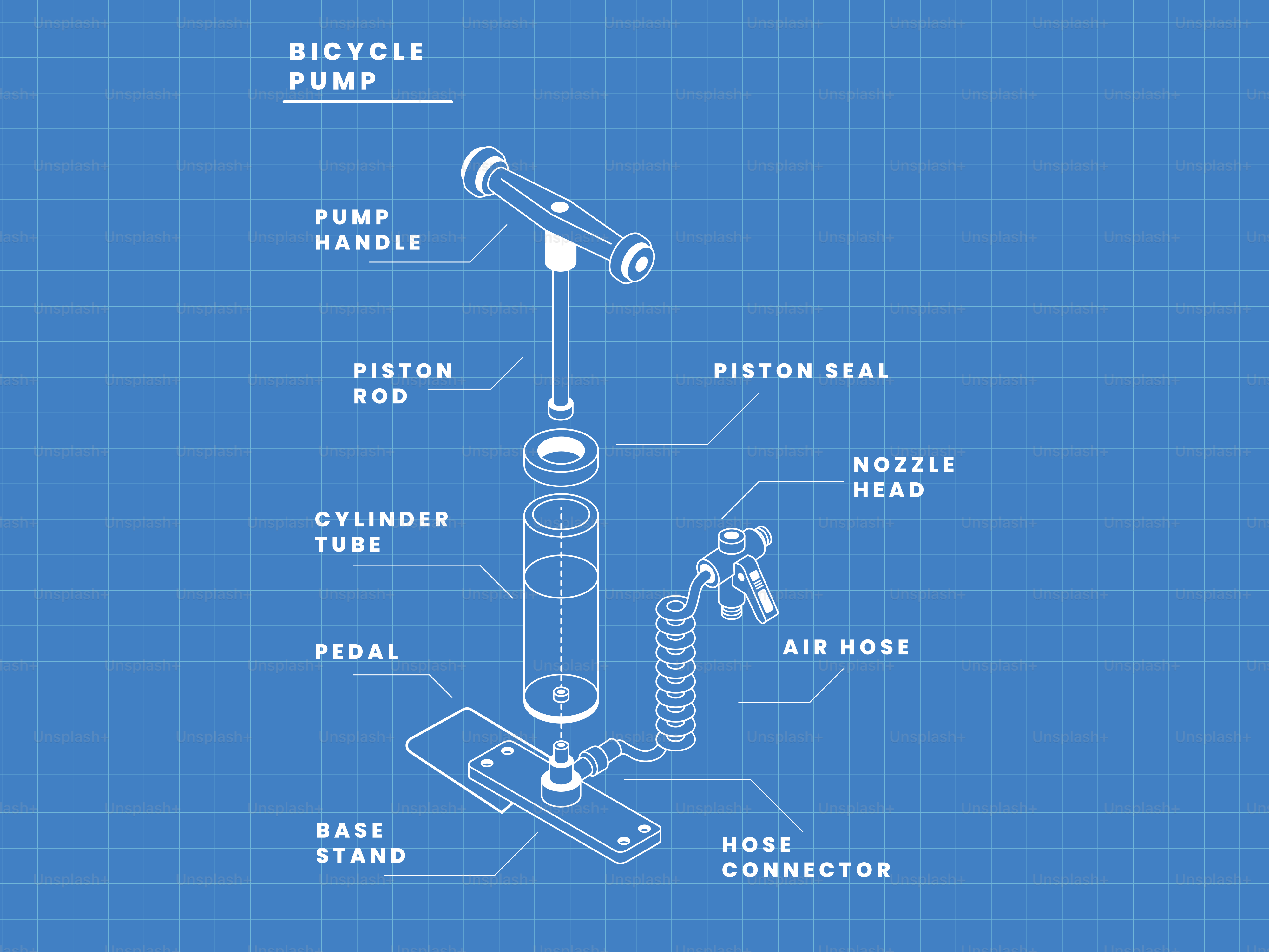 Diagram of a bicycle pump with labeled parts