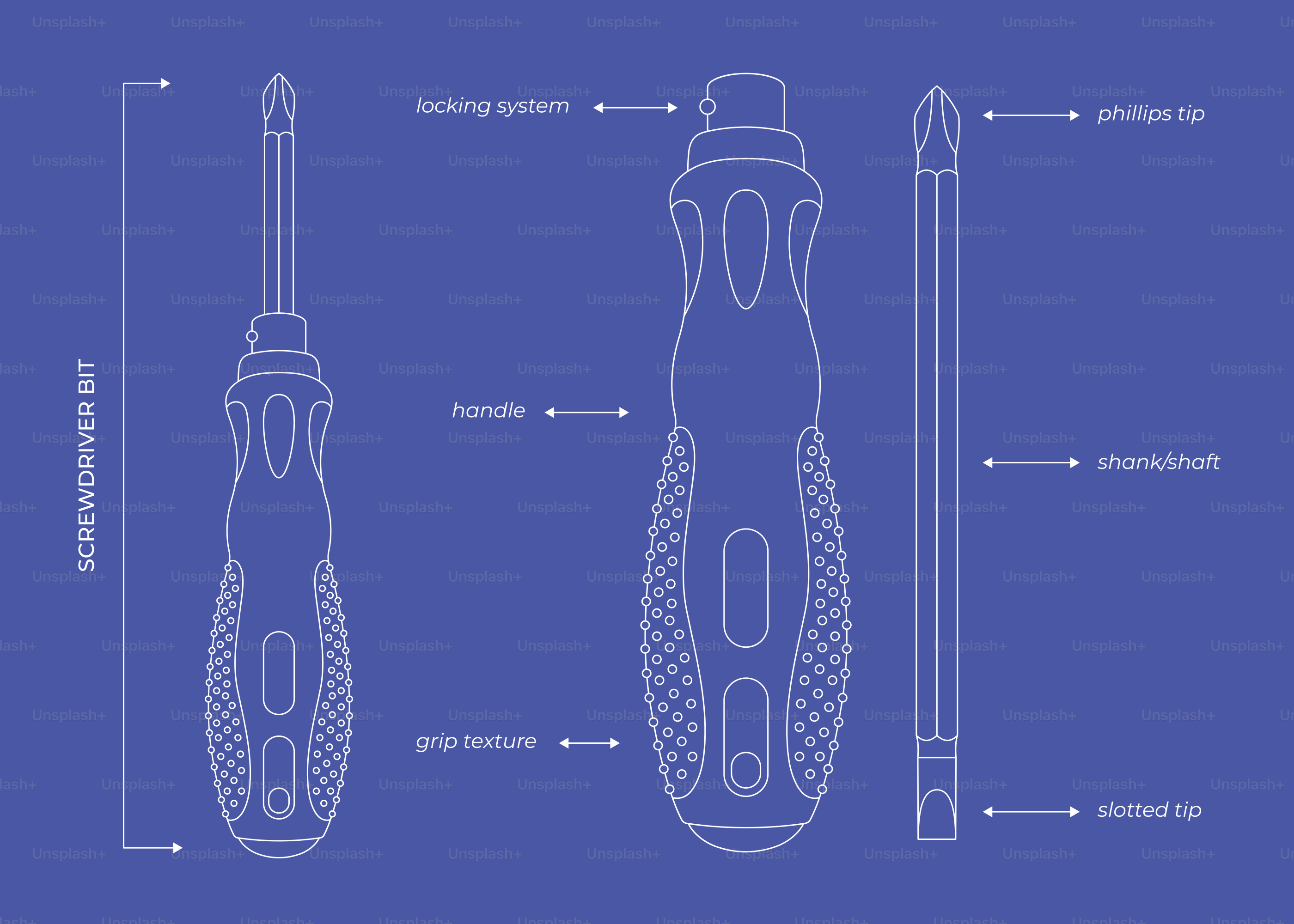 Plano de un destornillador con piezas etiquetadas