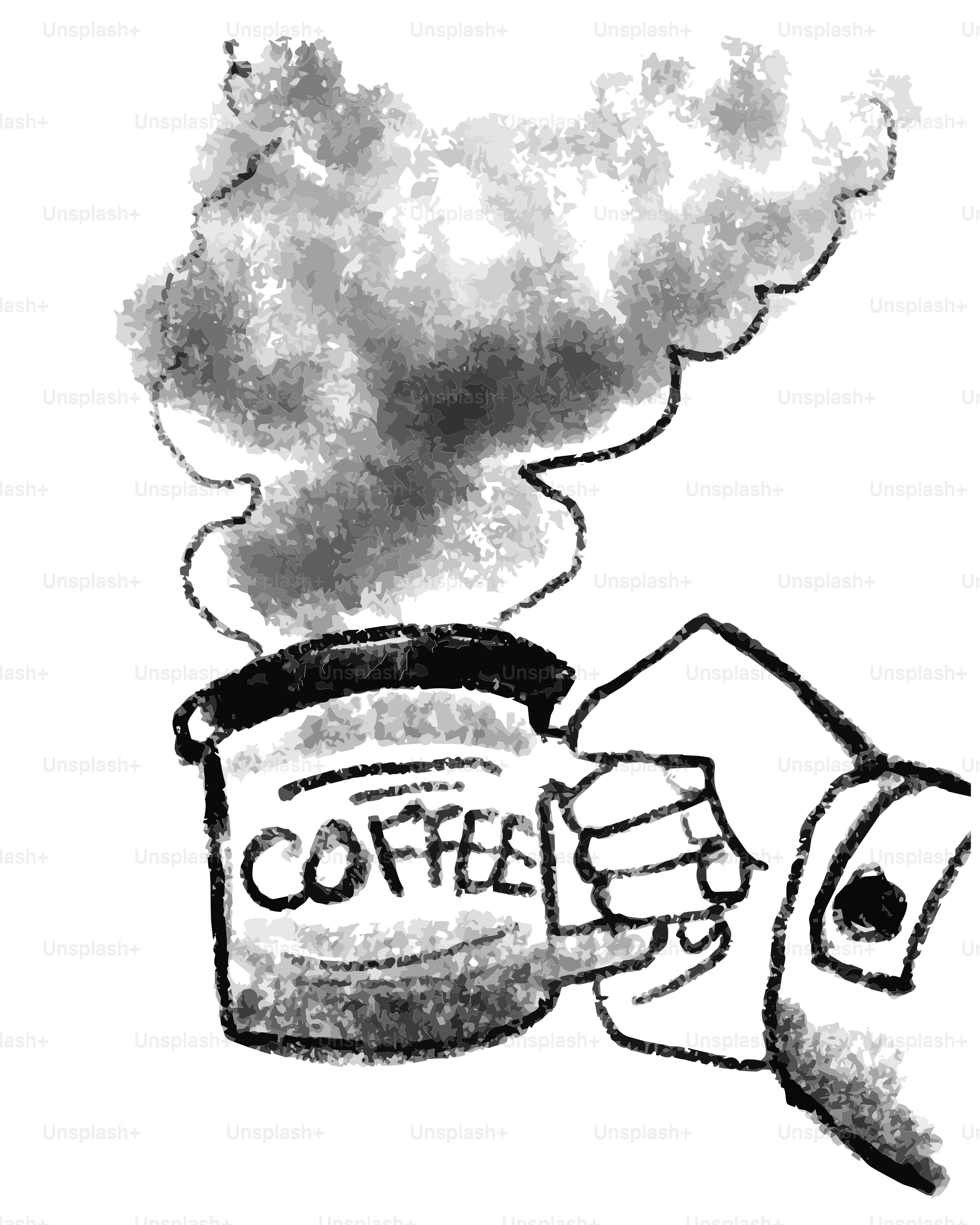 Hand holding a steaming mug labeled "coffee".