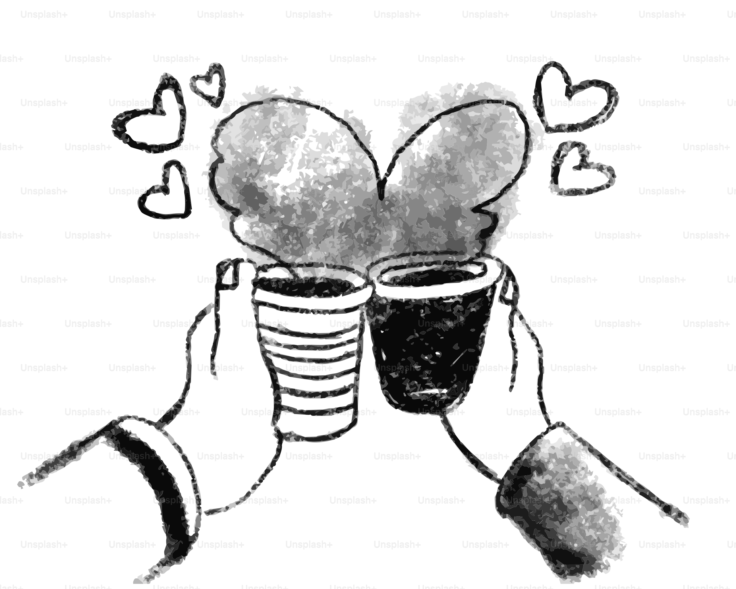 Two hands holding cups with hearts floating above.