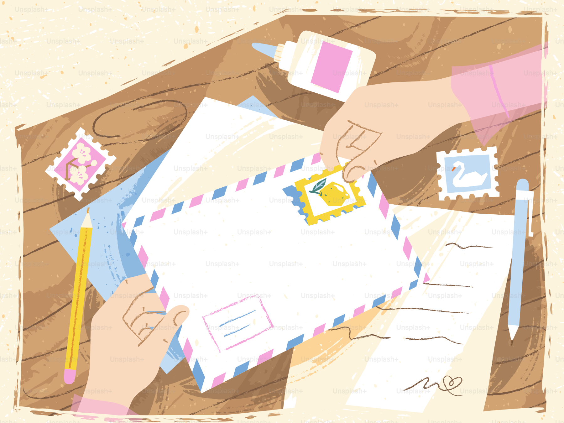 Hands placing a stamp on an envelope