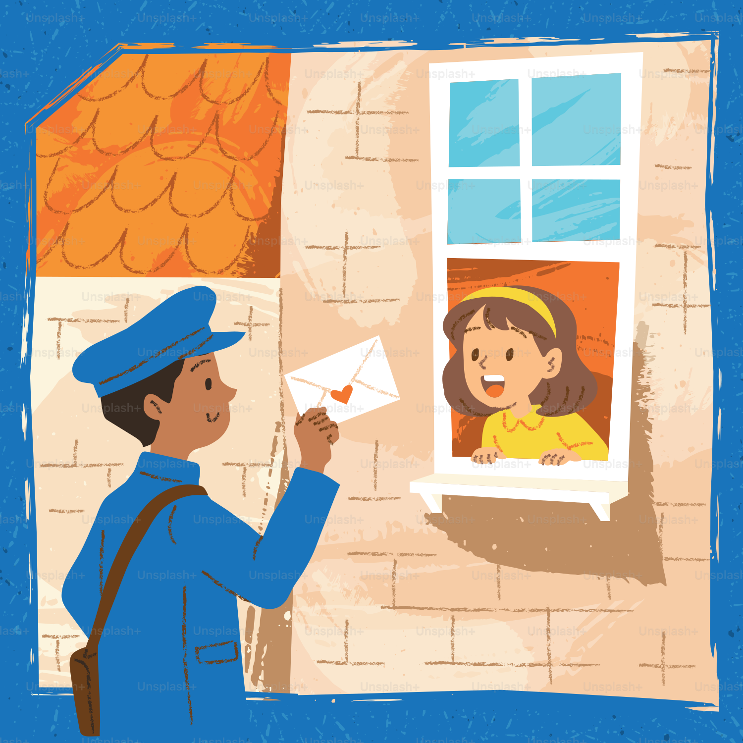 Postman delivering letter to a girl in window