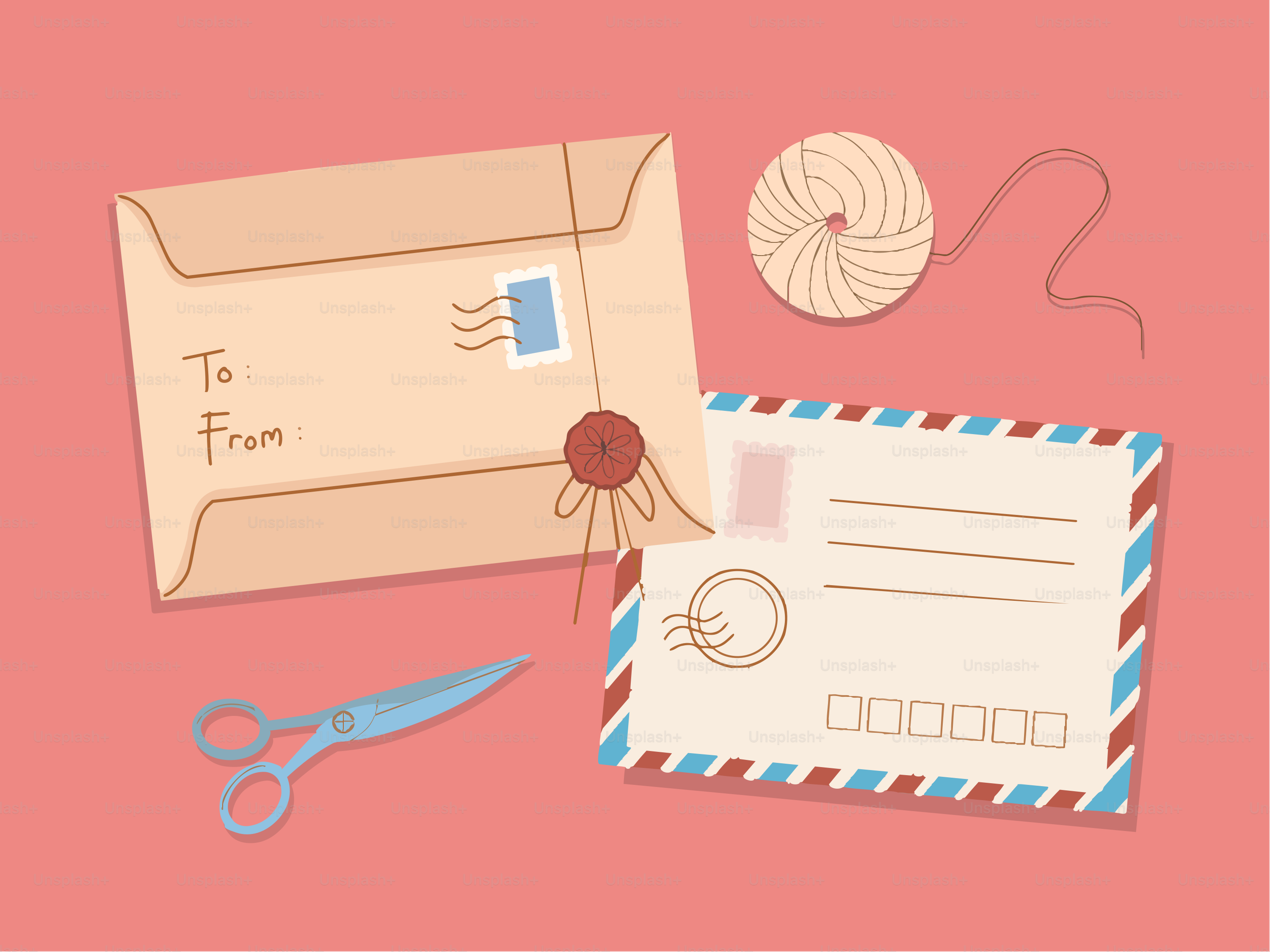 ピンクの背景に封筒、ハサミ、紐が描かれている