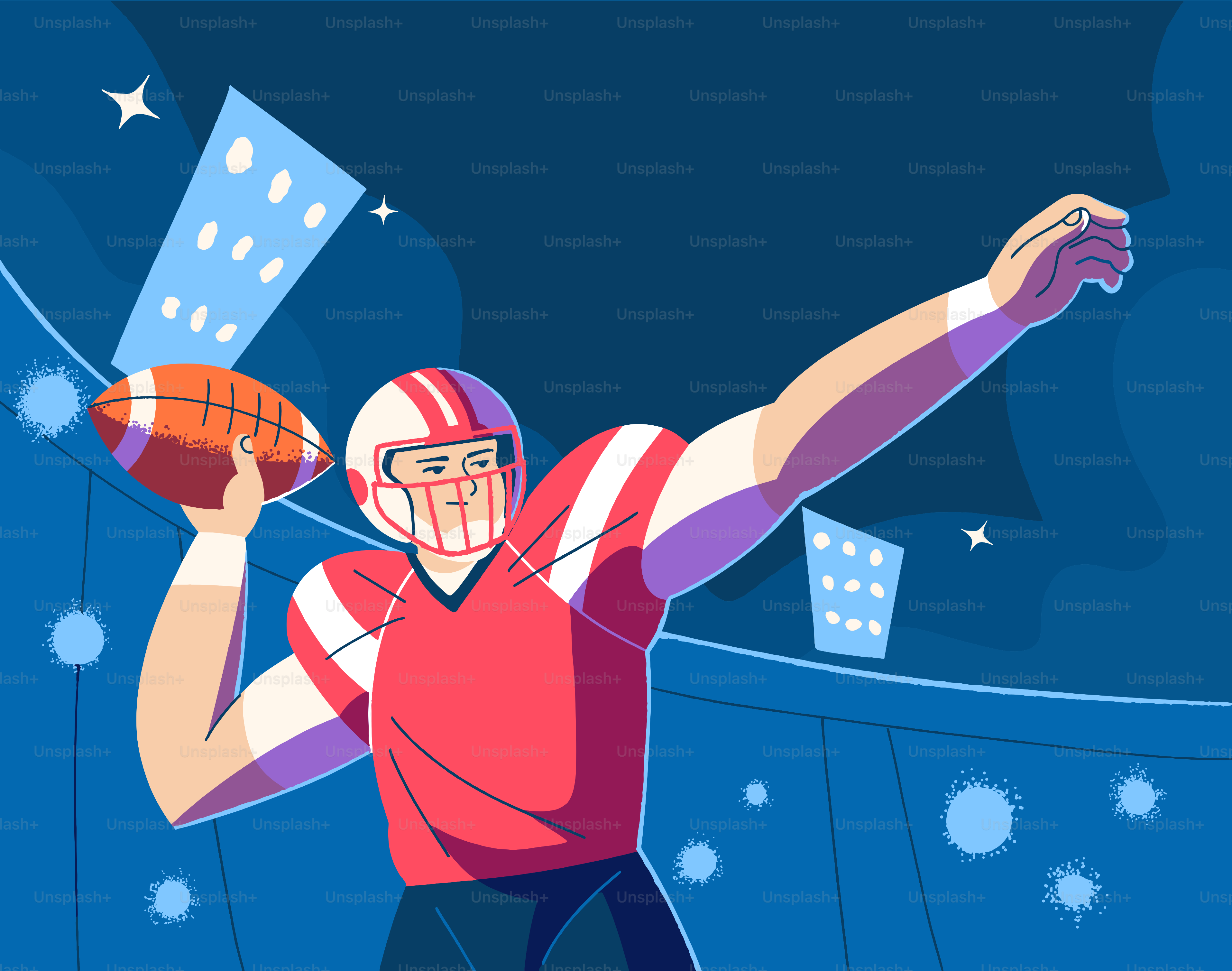 American-Football-Spieler wirft einen Pass auf den Hintergrund eines Stadions
