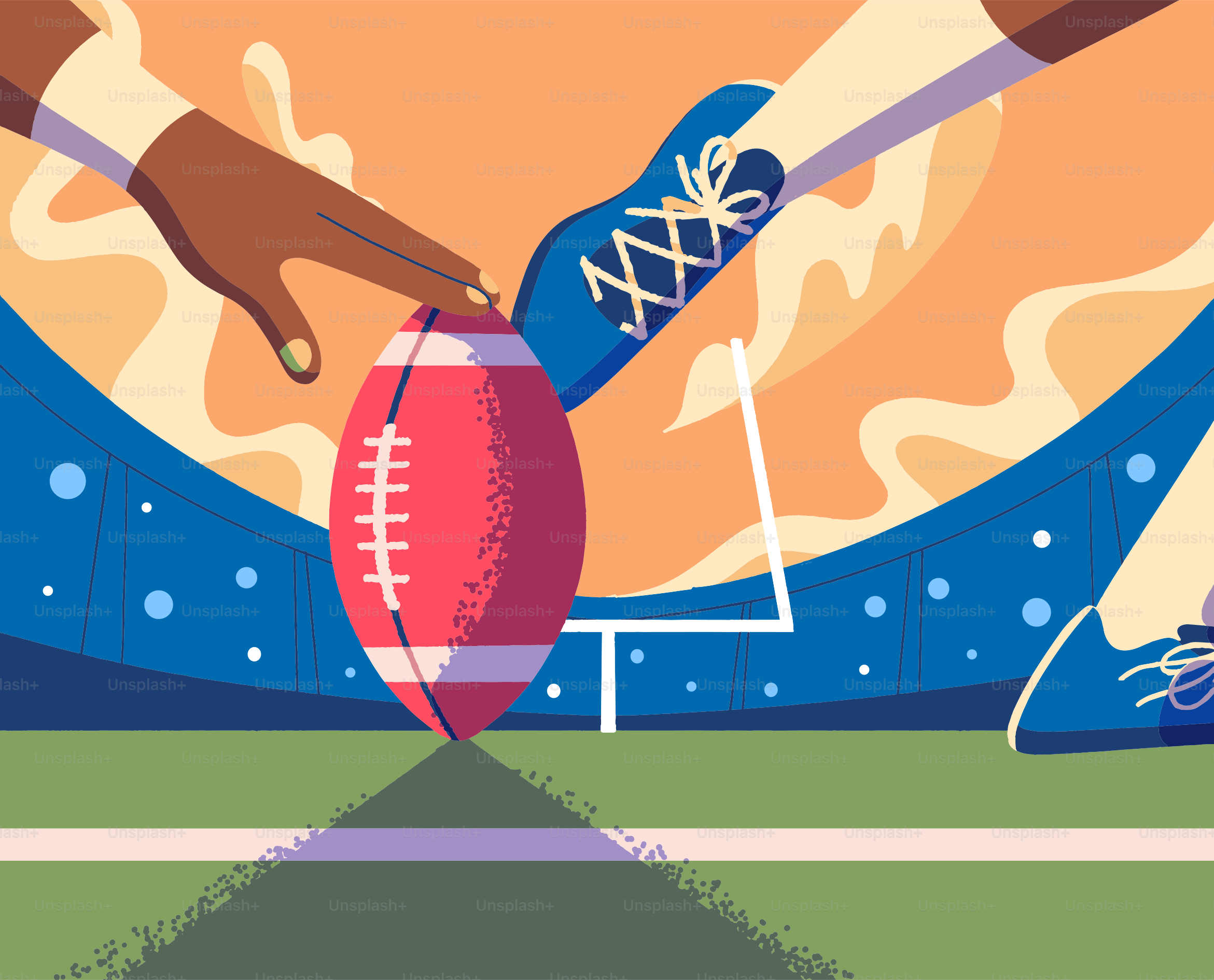 Zwei Hände und Füße um einen Football