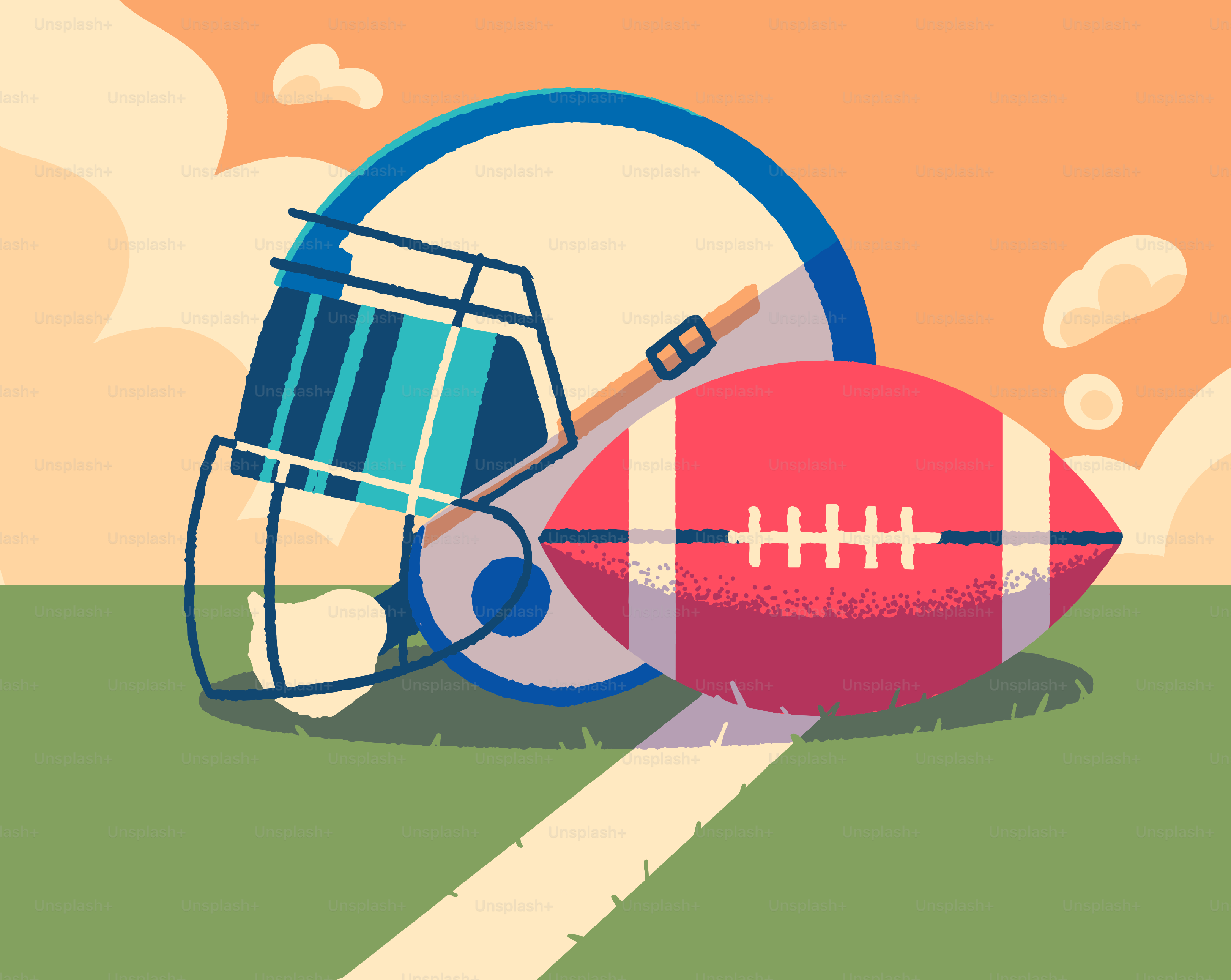 American football helmet and ball on field