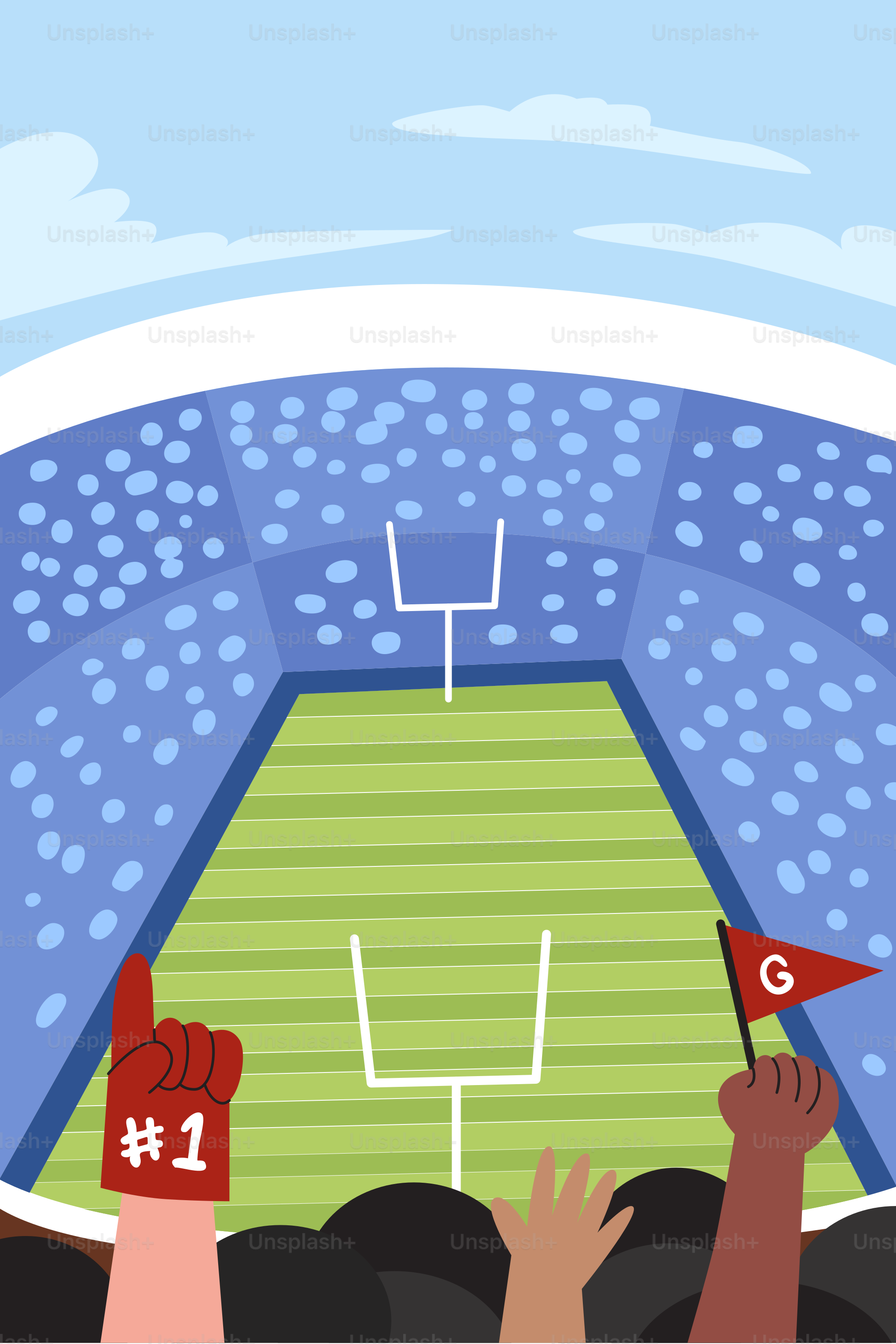 Fans cheer at a football stadium with goalposts.