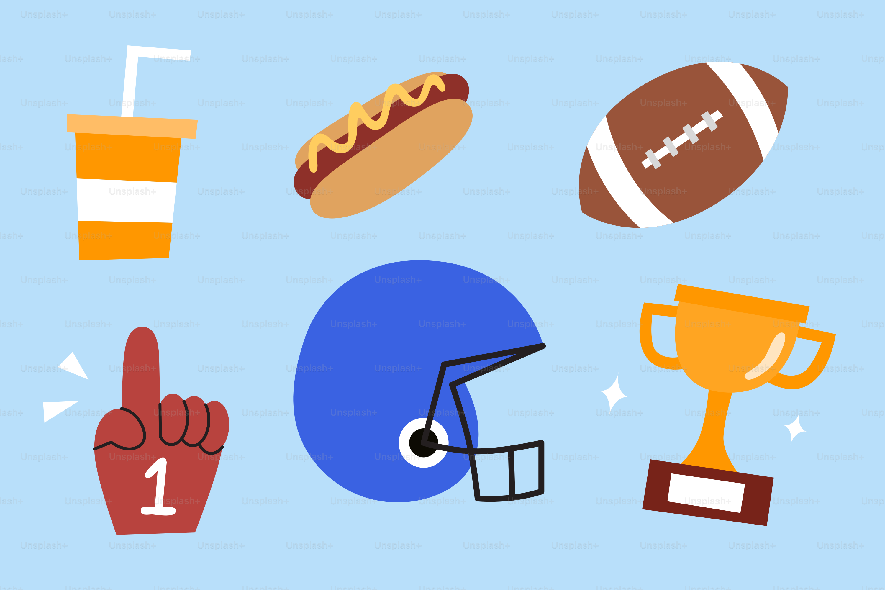 American football game icons: drink, hot dog, ball, helmet, trophy.