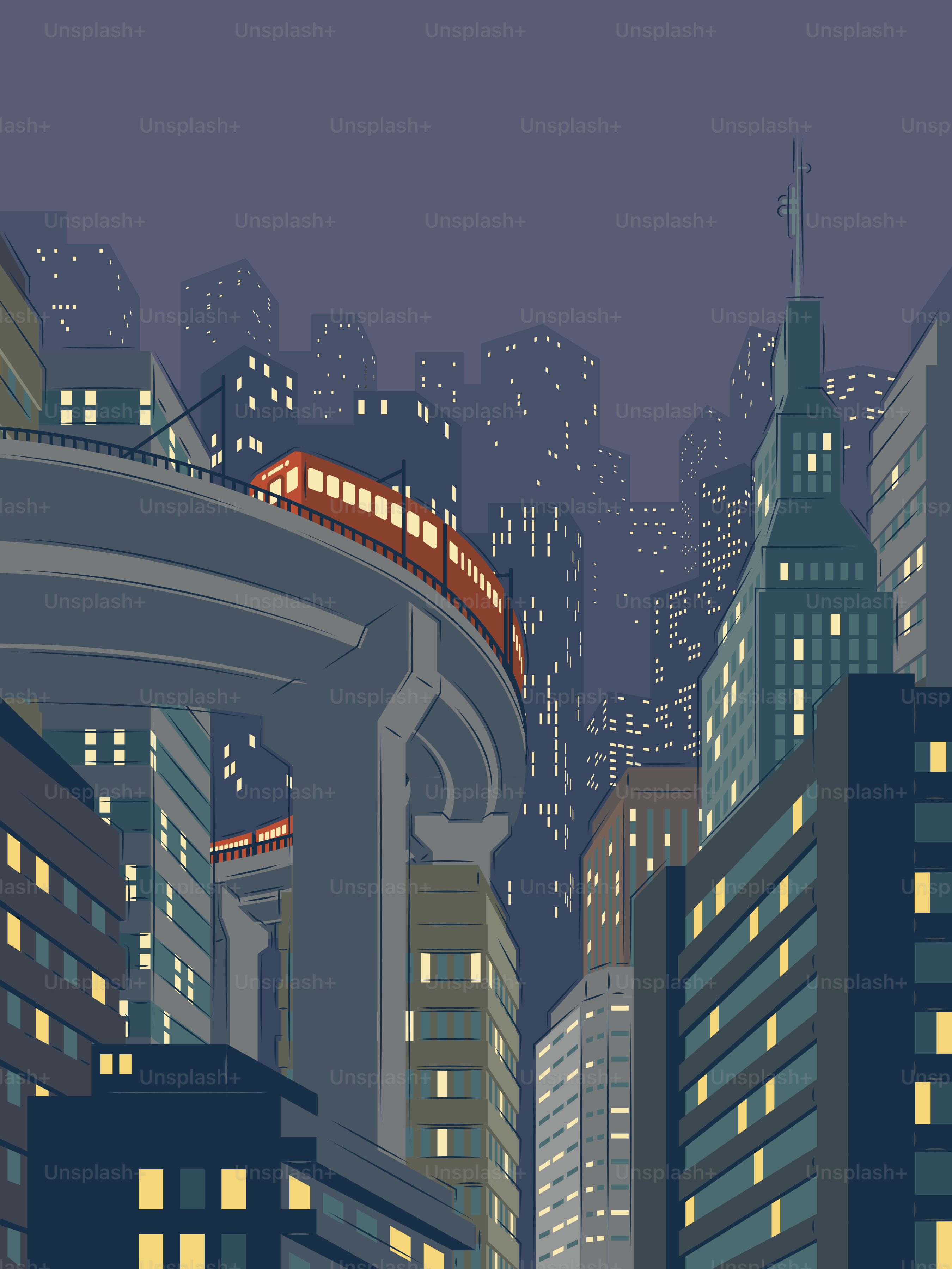 列車が夜に街を走ります。