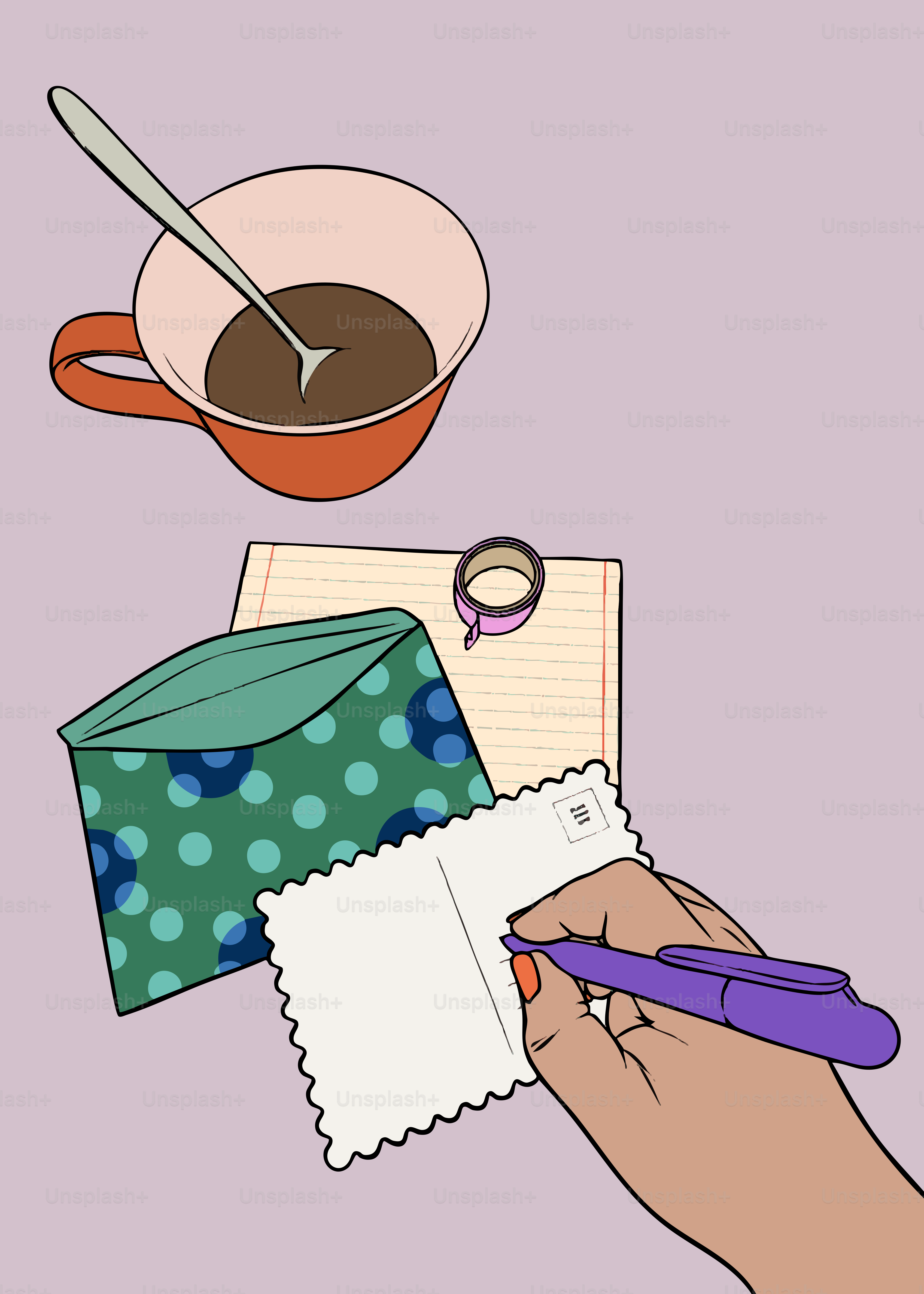 Handschrift auf Postkarte mit Kaffee und Schreibwaren.