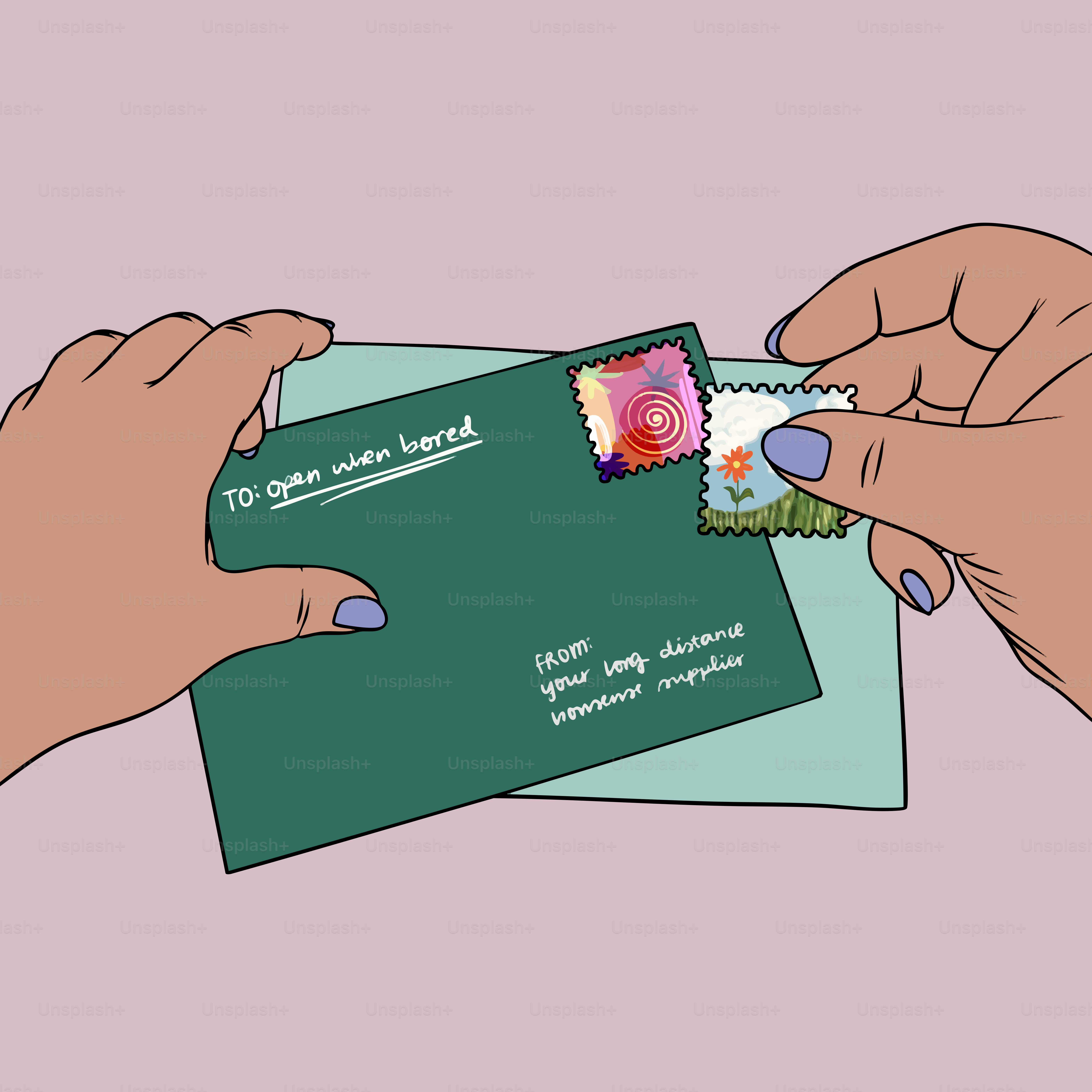 Des mains posant un timbre sur une enveloppe verte