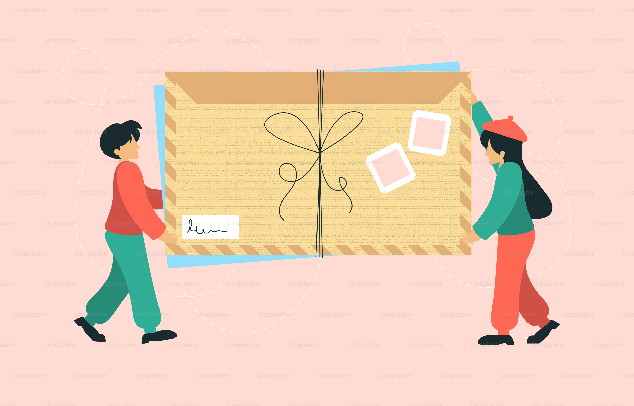 Two people carry a large envelope together